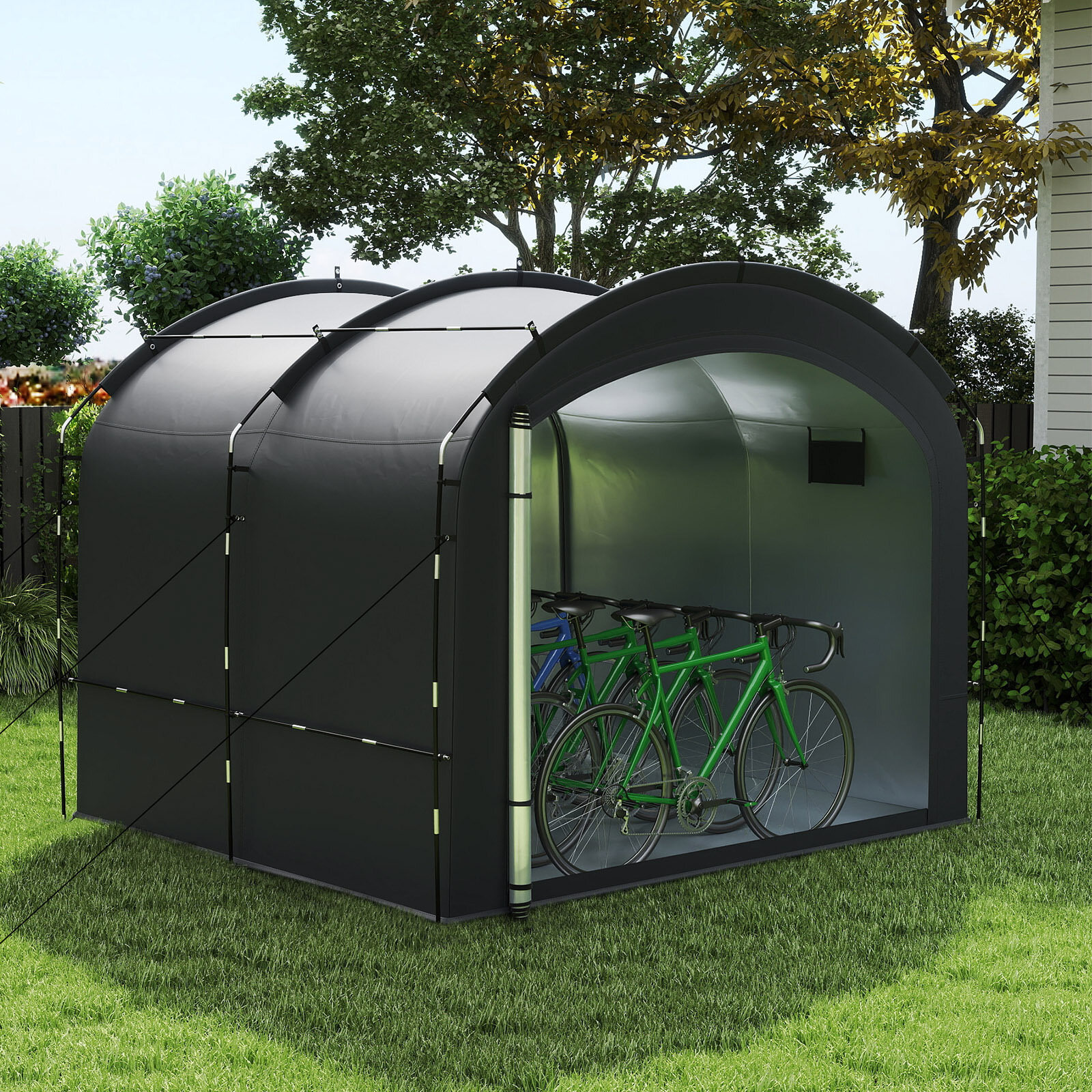 Jalgrattahoiu telk 254 × 215 × 192 cm veekindla hõbedase kangaga, must