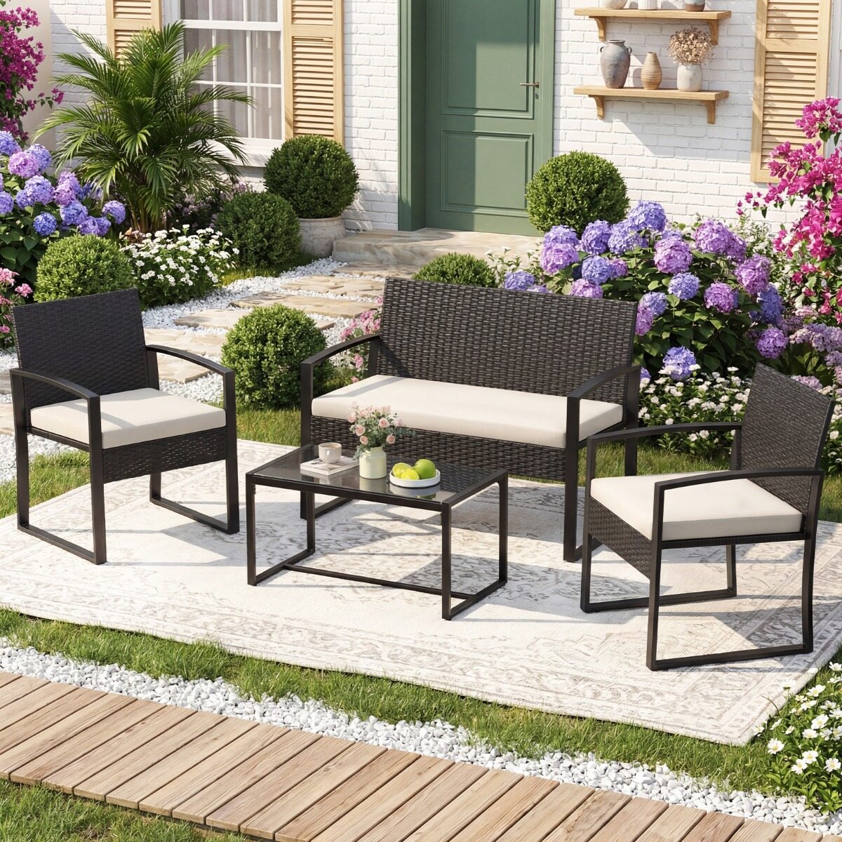 Rattan aiamööblikomplekt 2 tugitooli, diivan, laua ja patjadega, beež