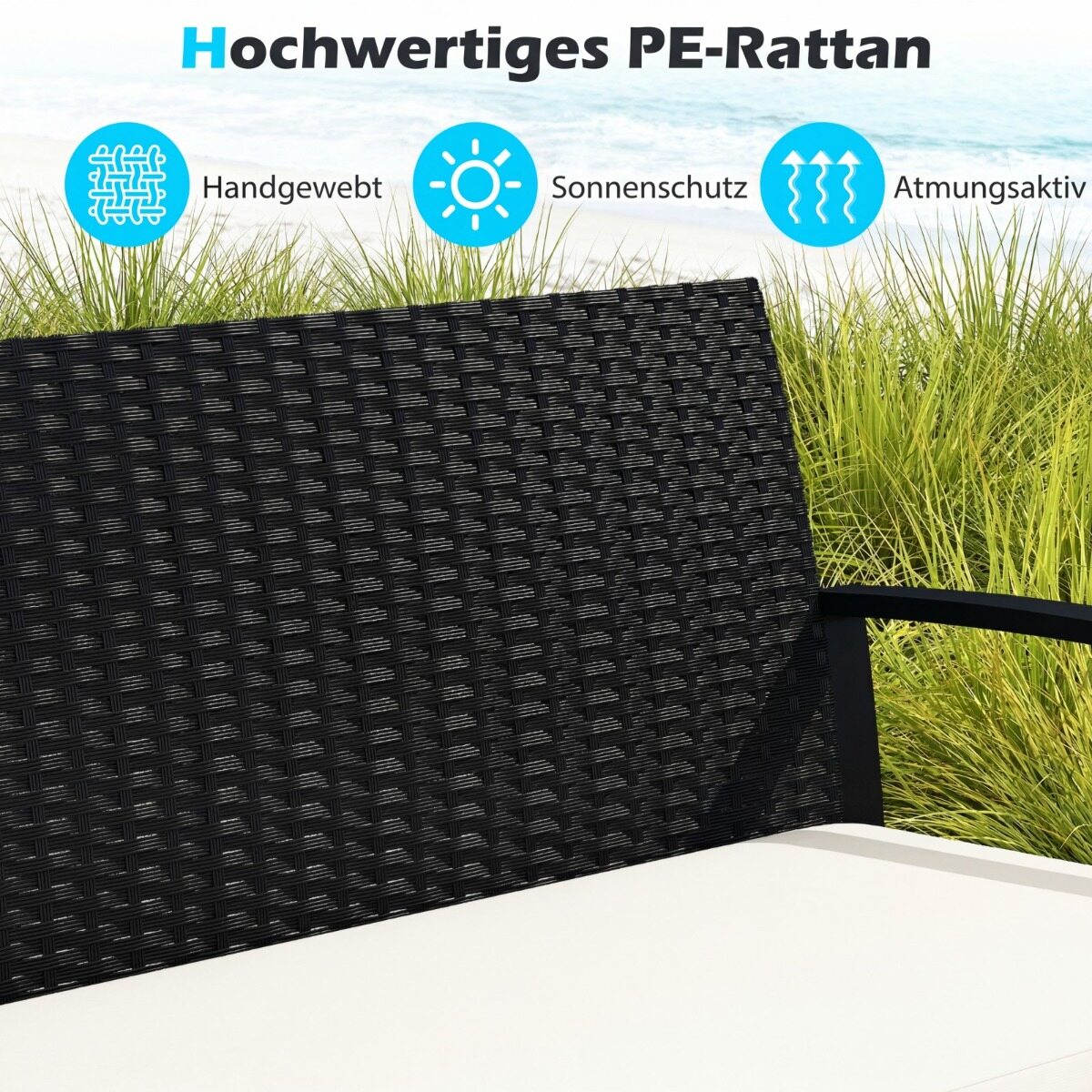 Rattan aiamööblikomplekt 2 tugitooli, diivan, laua ja patjadega, beež