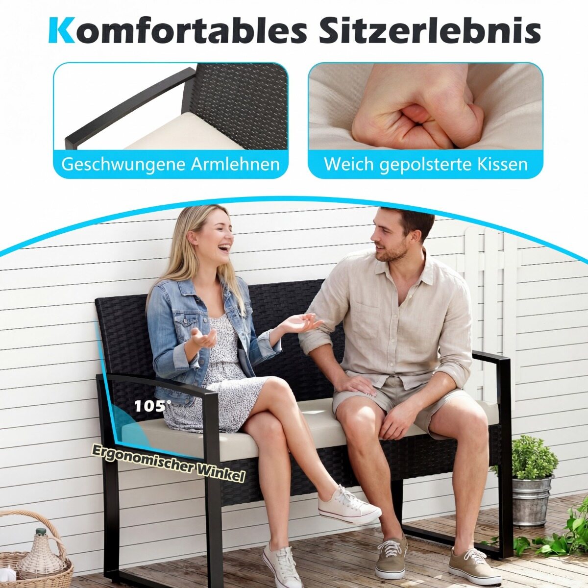 Rattan aiamööblikomplekt 2 tugitooli, diivan, laua ja patjadega, beež