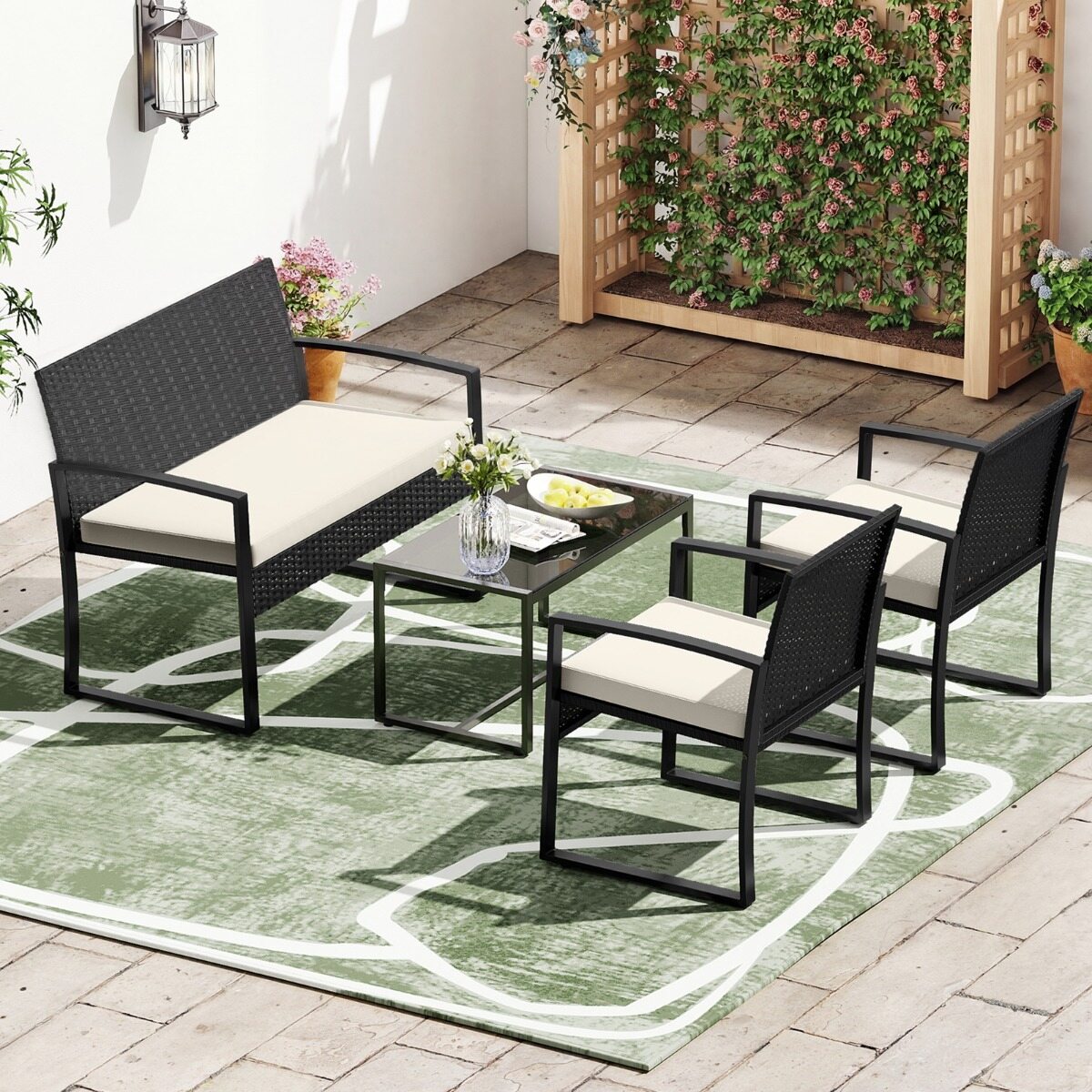 Rattan aiamööblikomplekt 2 tugitooli, diivan, laua ja patjadega, beež