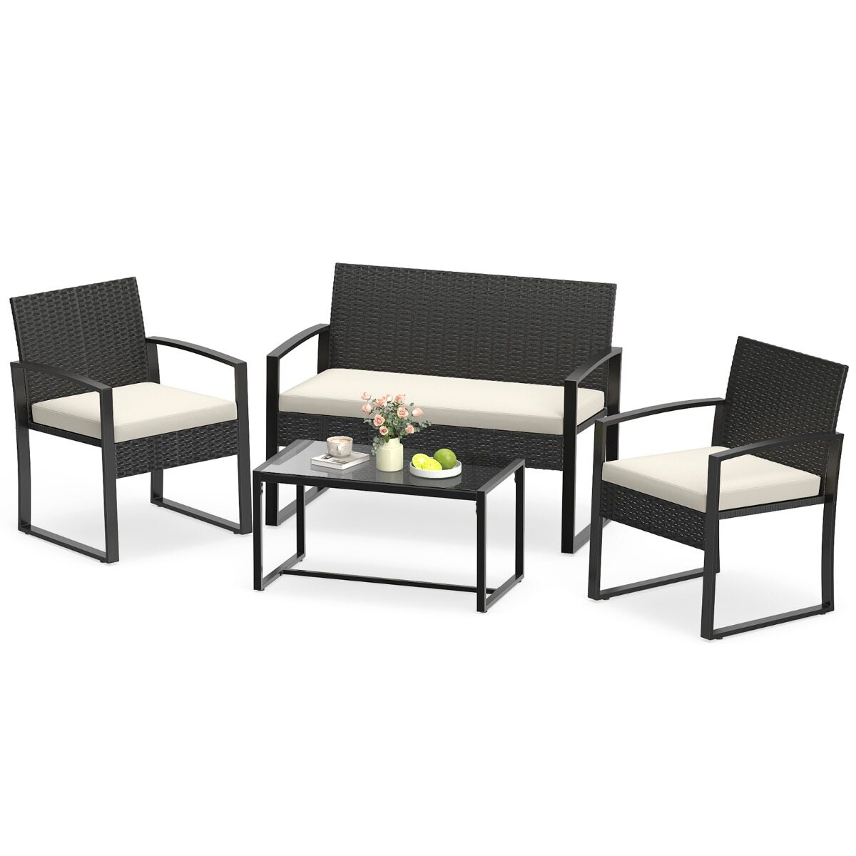 Rattan aiamööblikomplekt 2 tugitooli, diivan, laua ja patjadega, beež