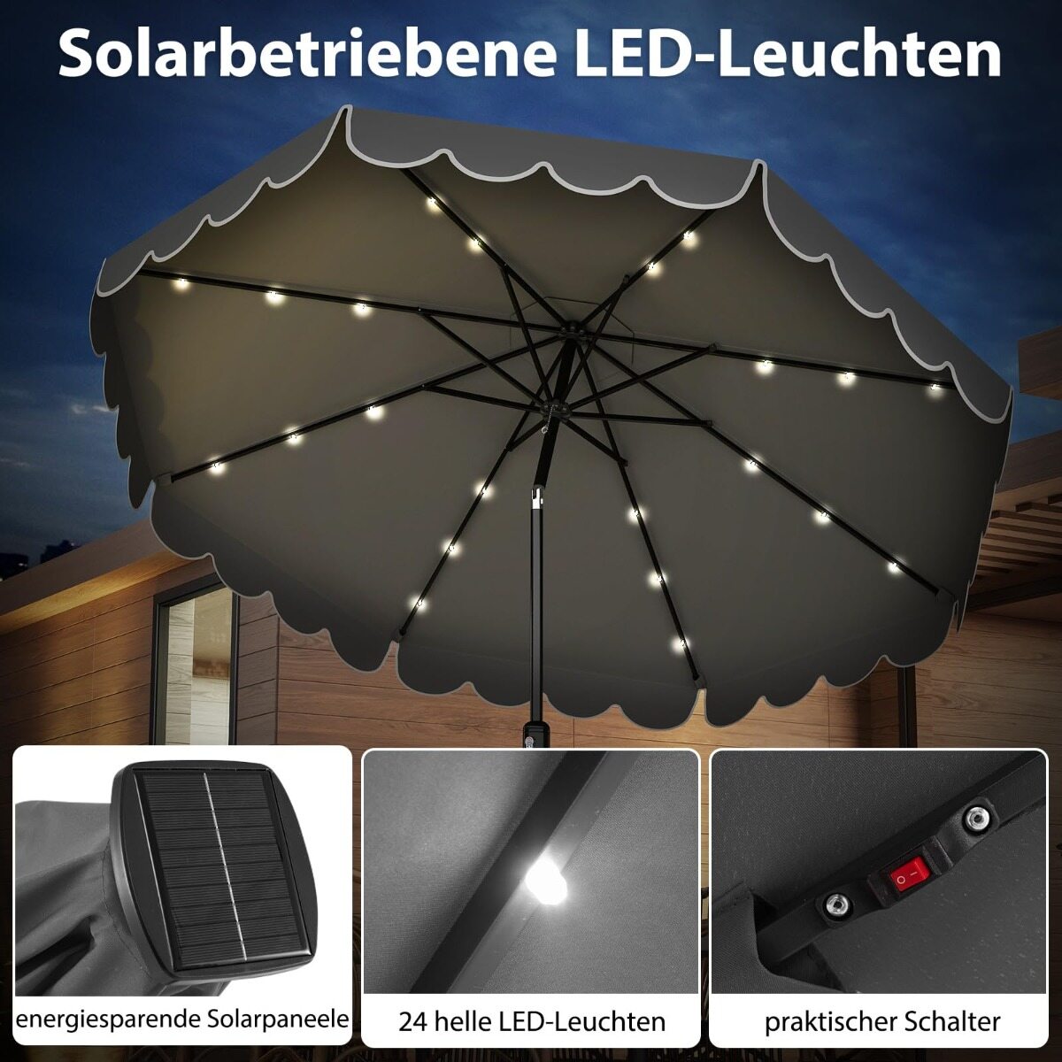 300 cm päikesevari LED-valgusega, hall