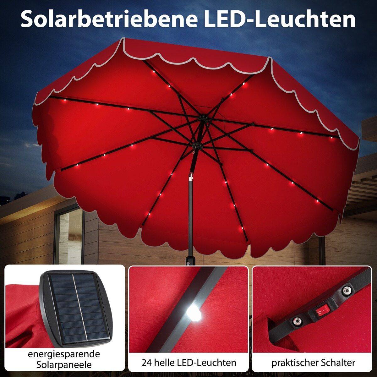 300 cm päikesevari LED-valgustusega, kangiga, punane