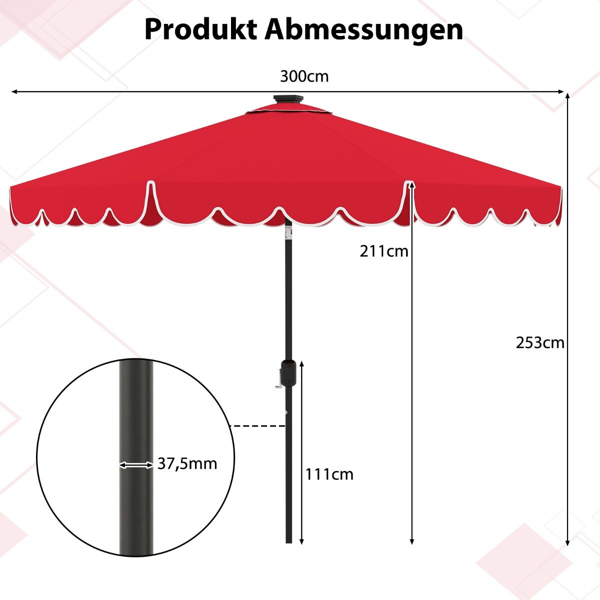 300 cm päikesevari LED-valgustusega, kangiga, punane