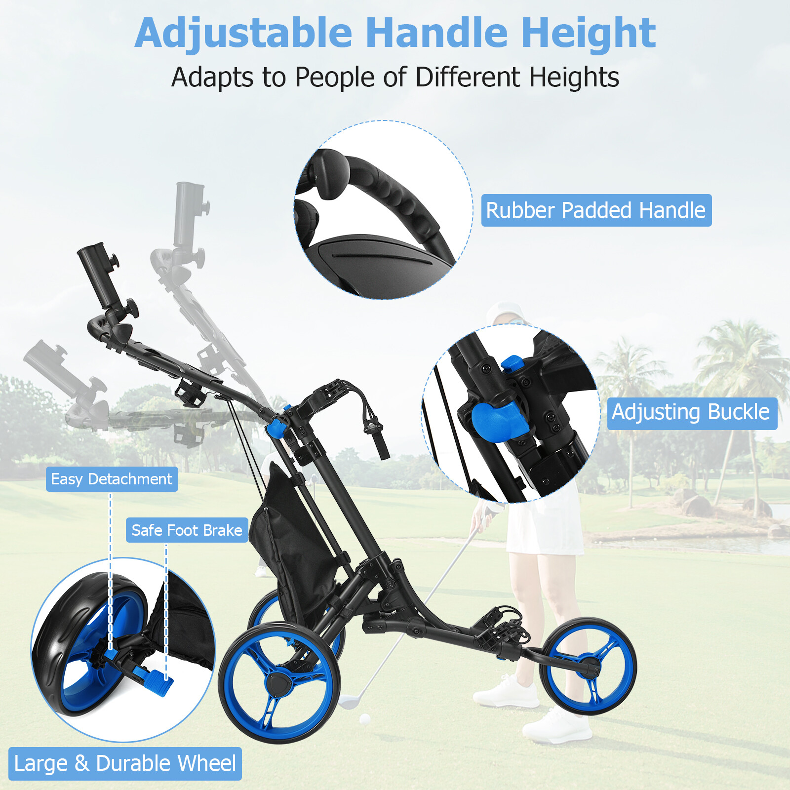 Kokkupandav 3-rattaline golfikäru kott ja tahvel sinine