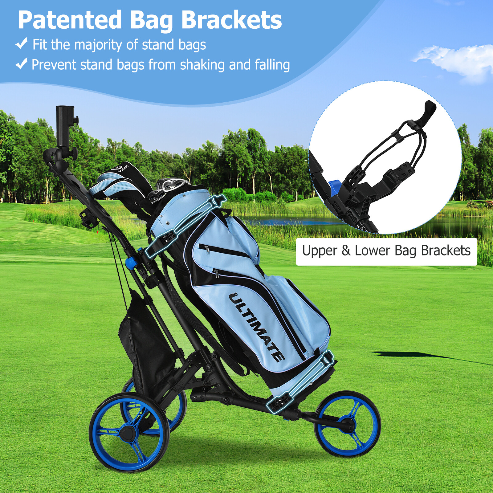 Kokkupandav 3-rattaline golfikäru kott ja tahvel sinine