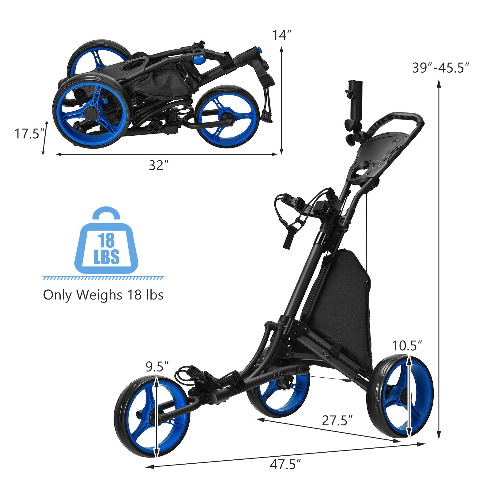 Kokkupandav 3-rattaline golfikäru kott ja tahvel sinine