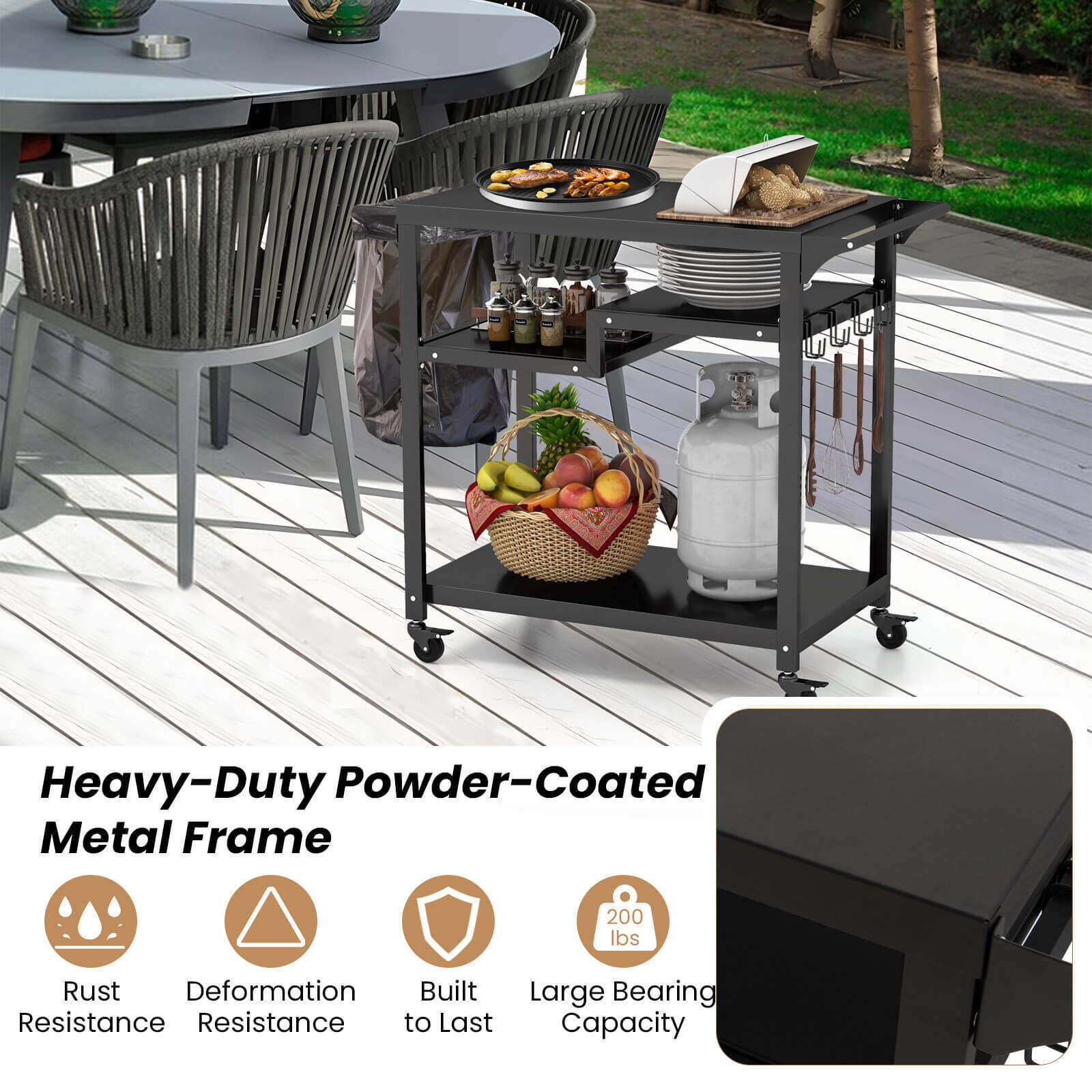 3-korruseline ratastel grillikäru konksudega