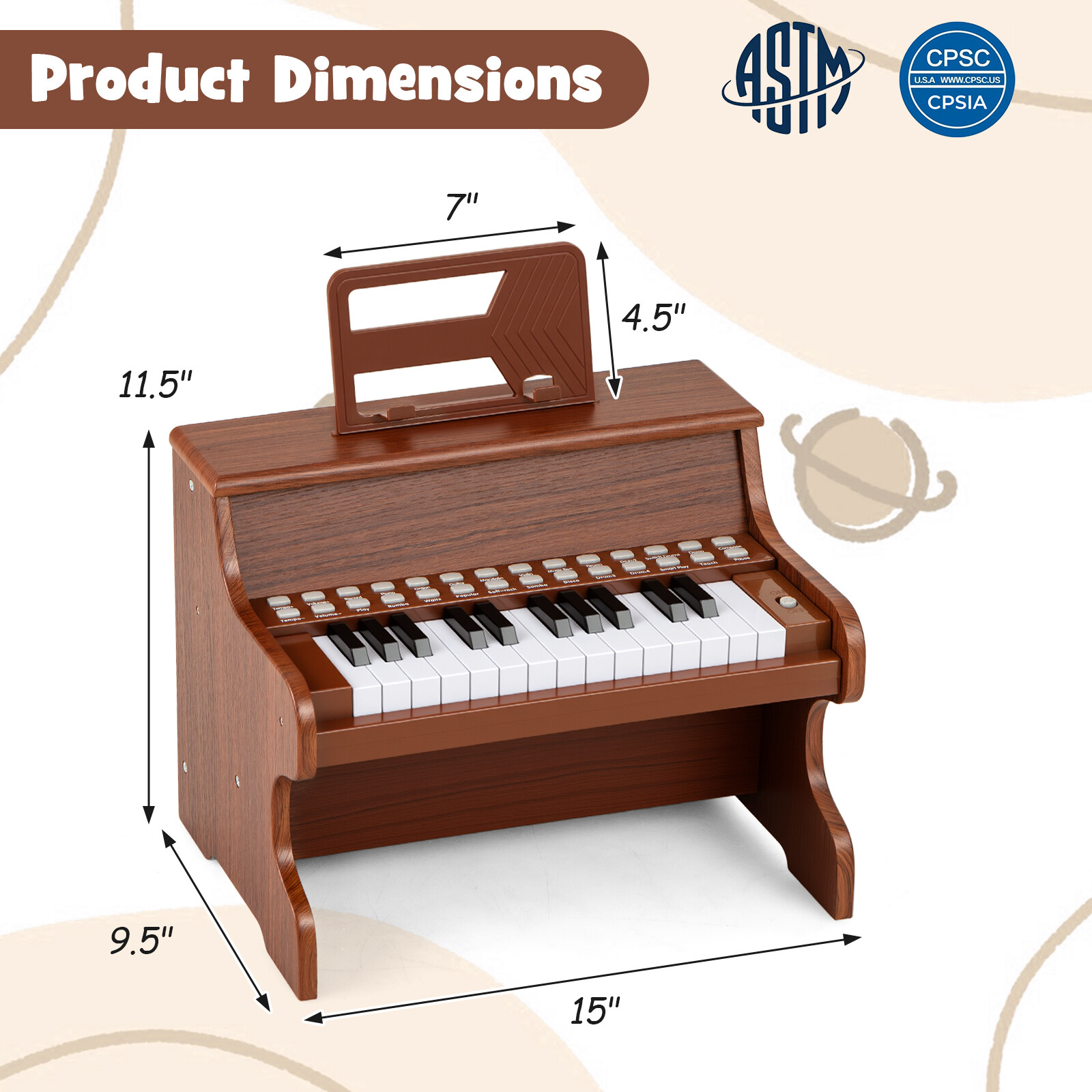 25-klahviga laste mini-digipiano pruun