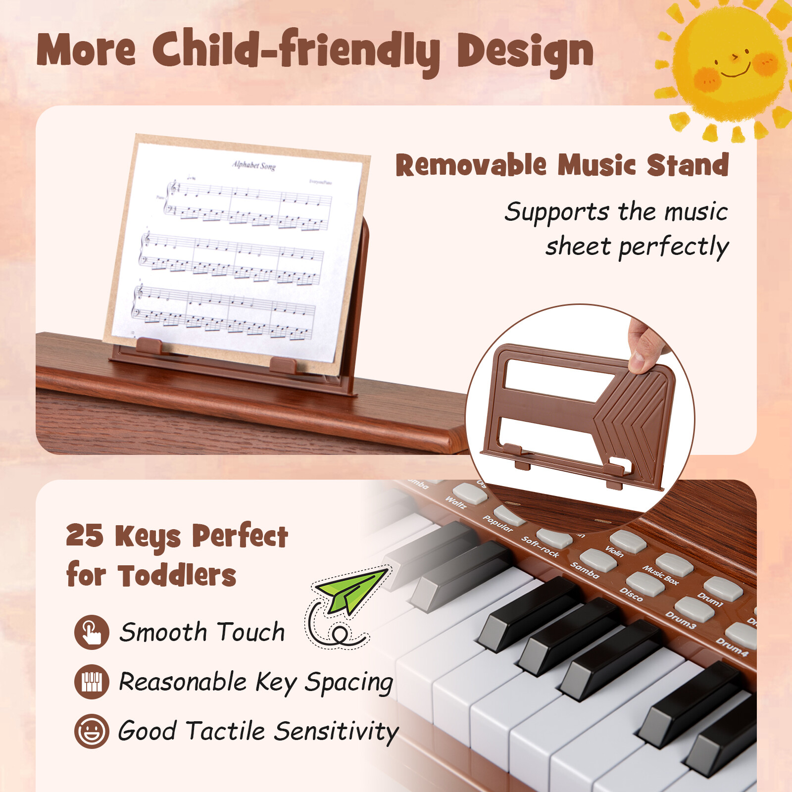 25-klahviga laste mini-digipiano pruun