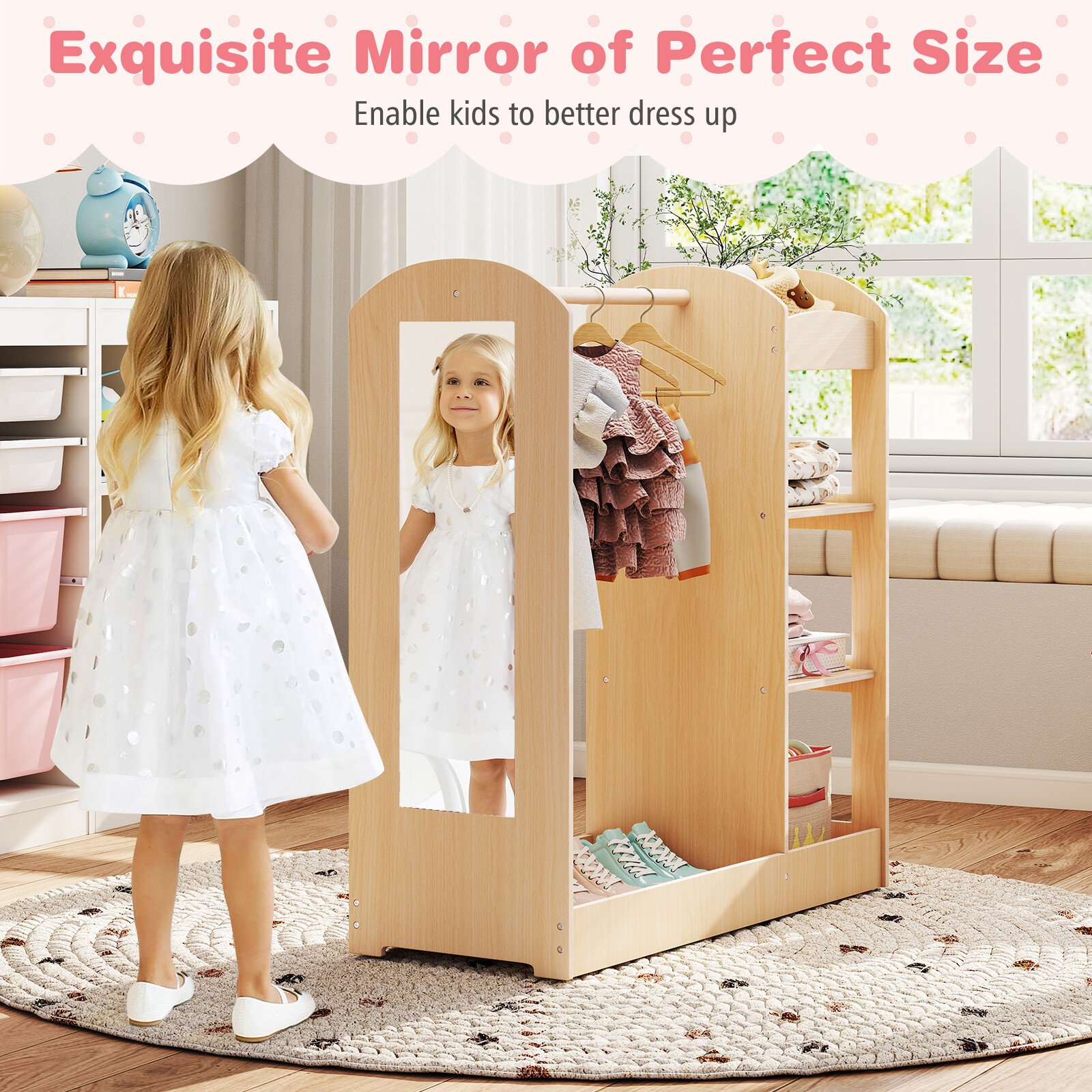 Laste riietehoidla peegliga, naturaalne