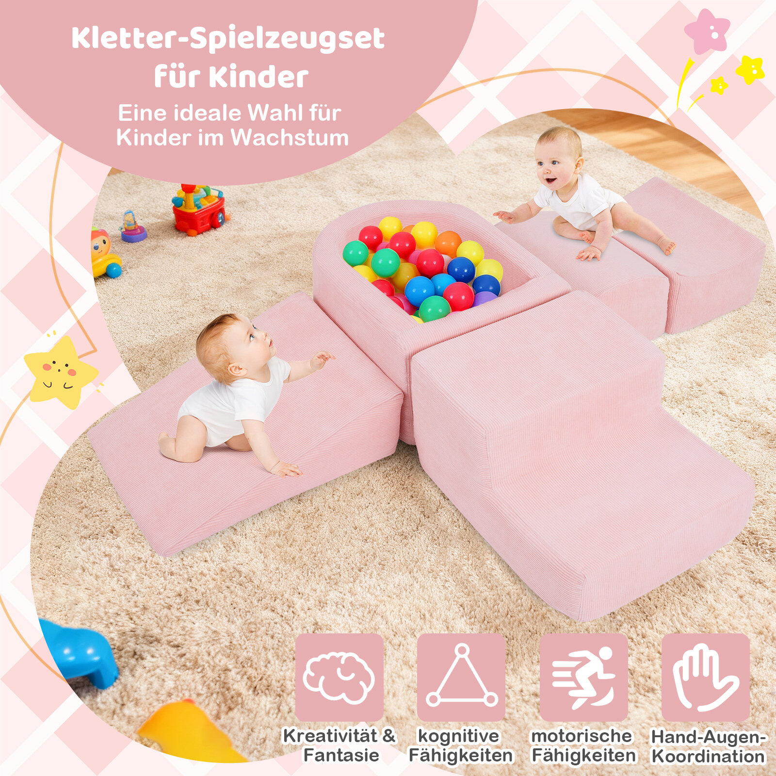 5-osaline vahtplokkide komplekt pallimängu ja sametkatetega, ronimisklotsid, mänguklotsid, roosa