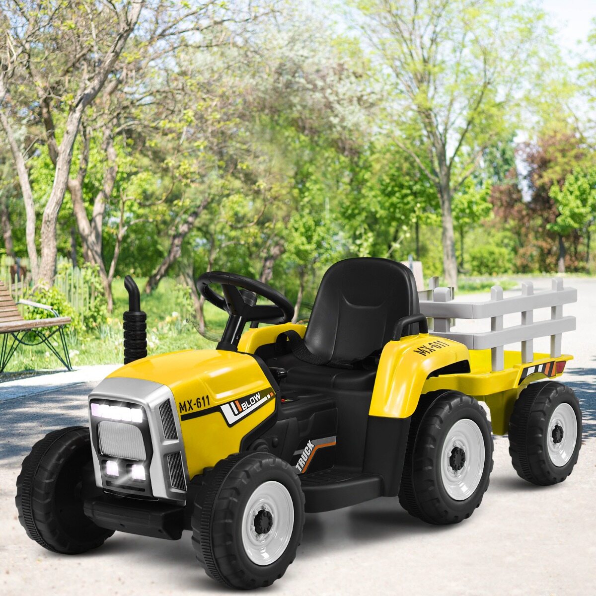 12 V laste traktor haagisega, akutoitega elektriauto, kollane, 136,5 × 50 × 52,5 cm