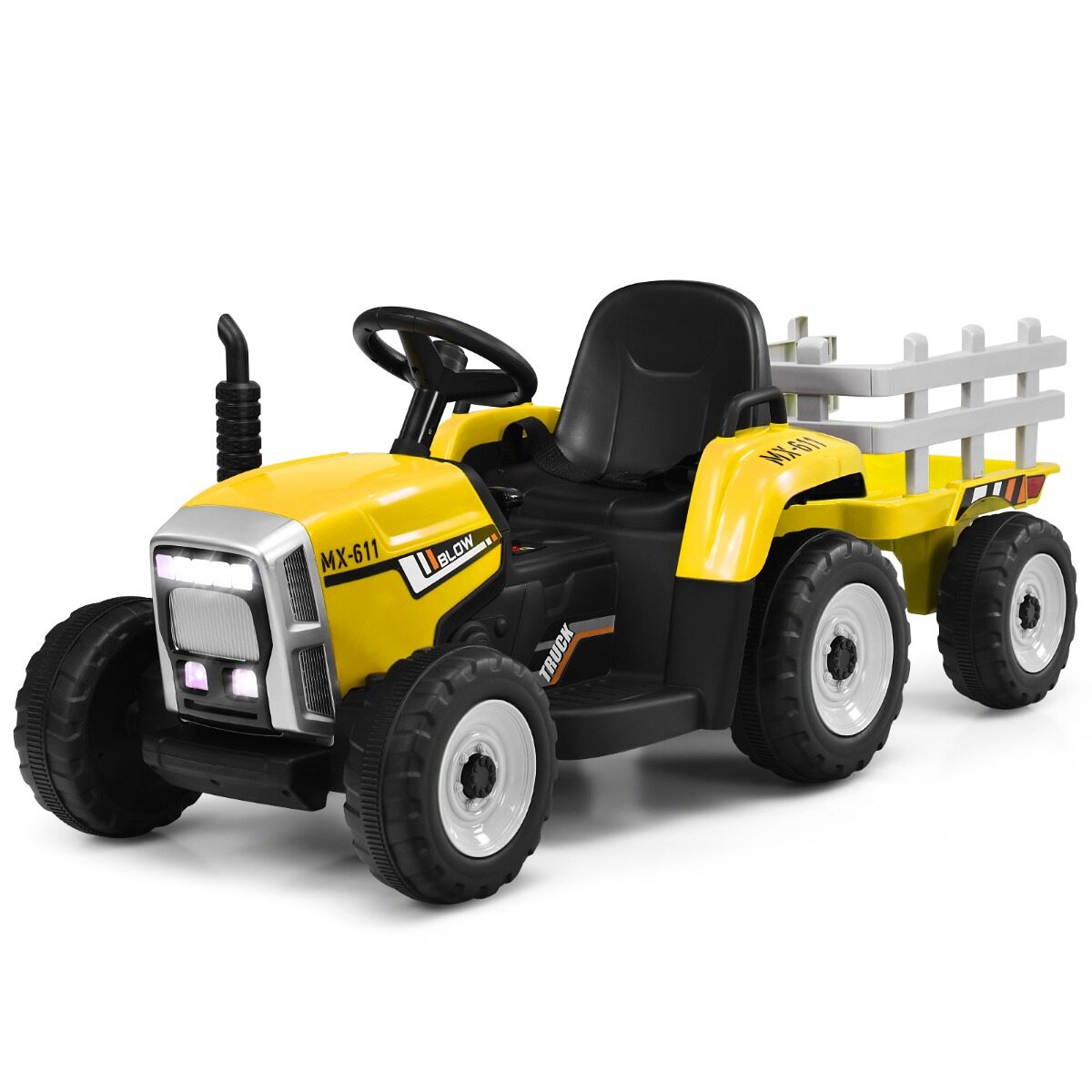 12 V laste traktor haagisega, akutoitega elektriauto, kollane, 136,5 × 50 × 52,5 cm