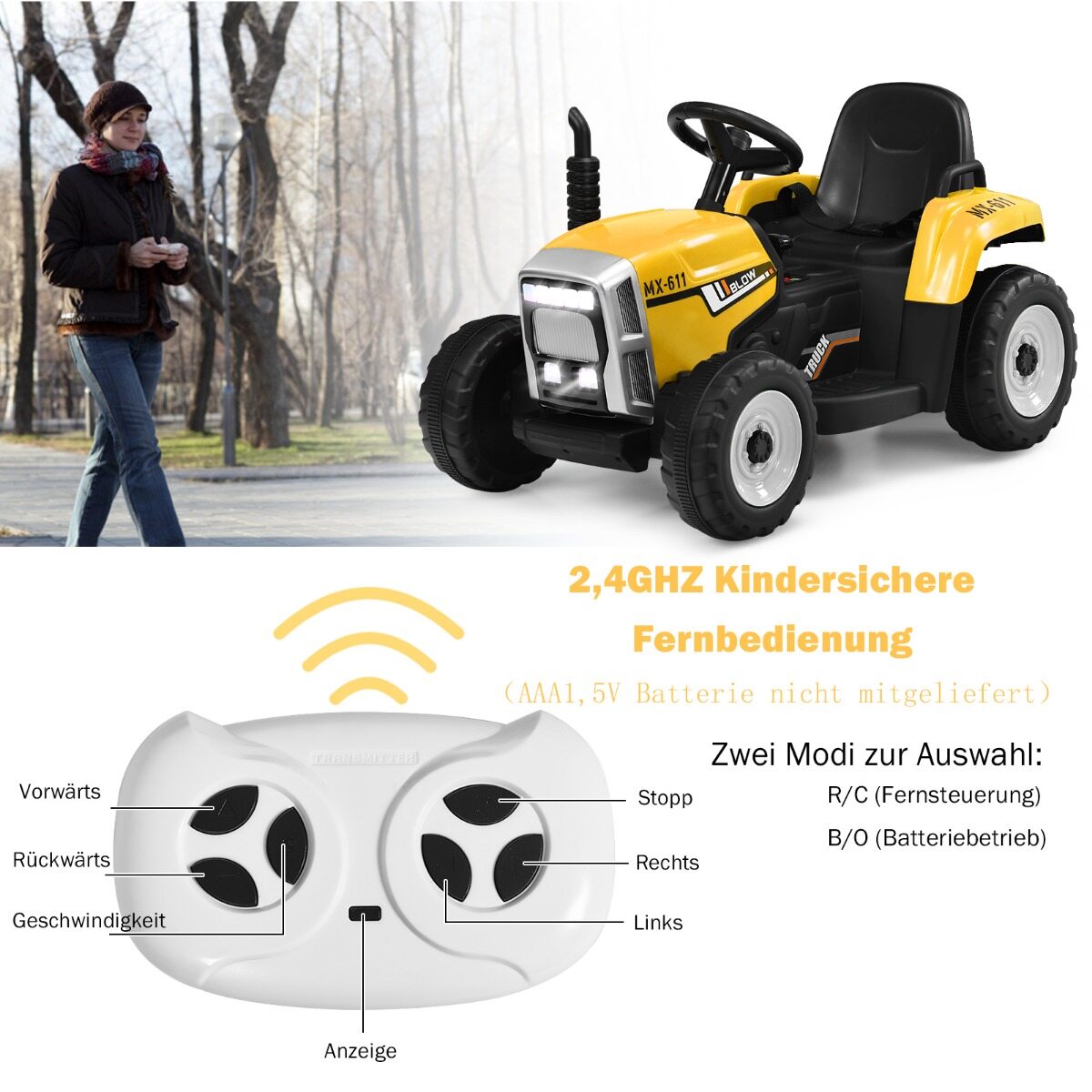 12 V laste traktor haagisega, akutoitega elektriauto, kollane, 136,5 × 50 × 52,5 cm