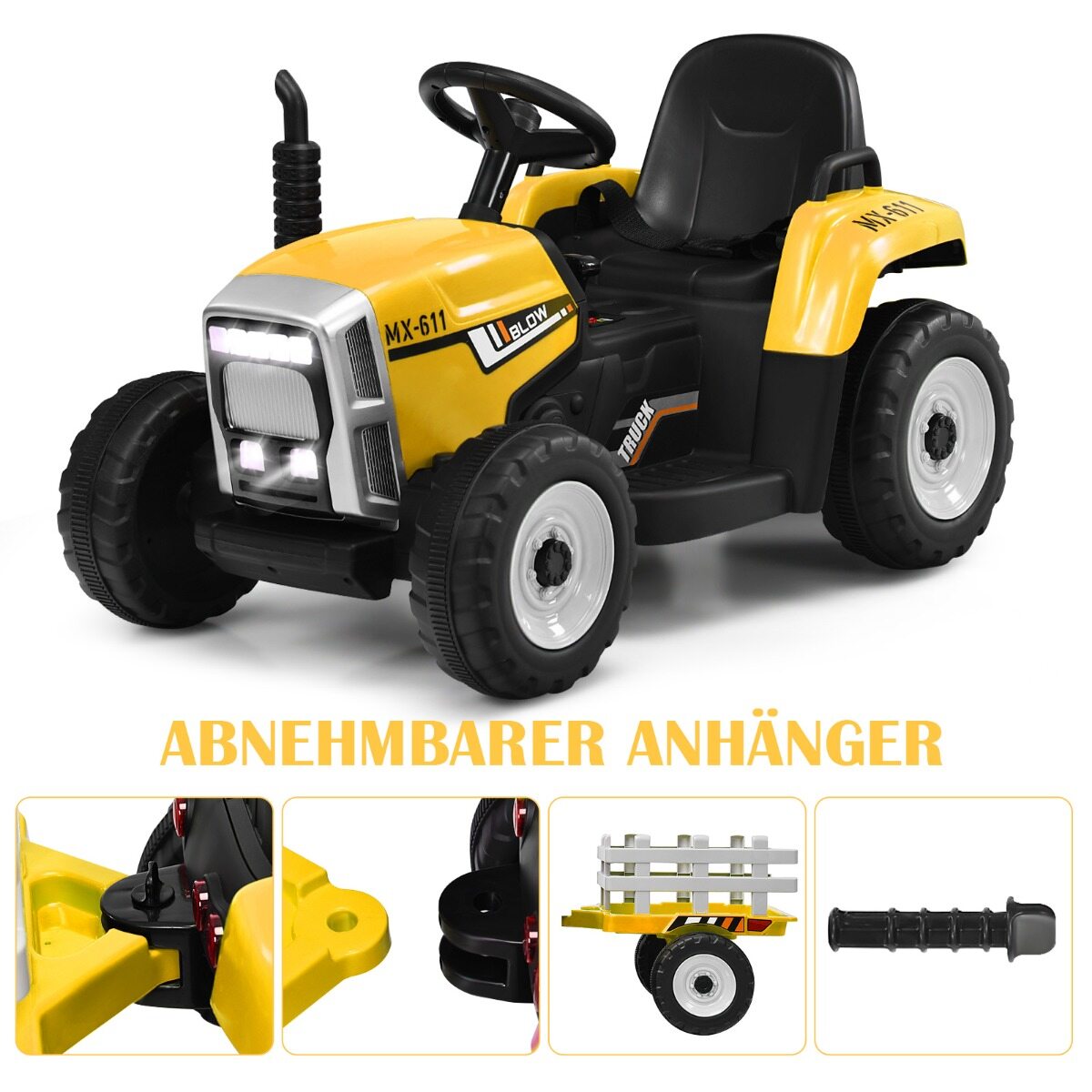 12 V laste traktor haagisega, akutoitega elektriauto, kollane, 136,5 × 50 × 52,5 cm