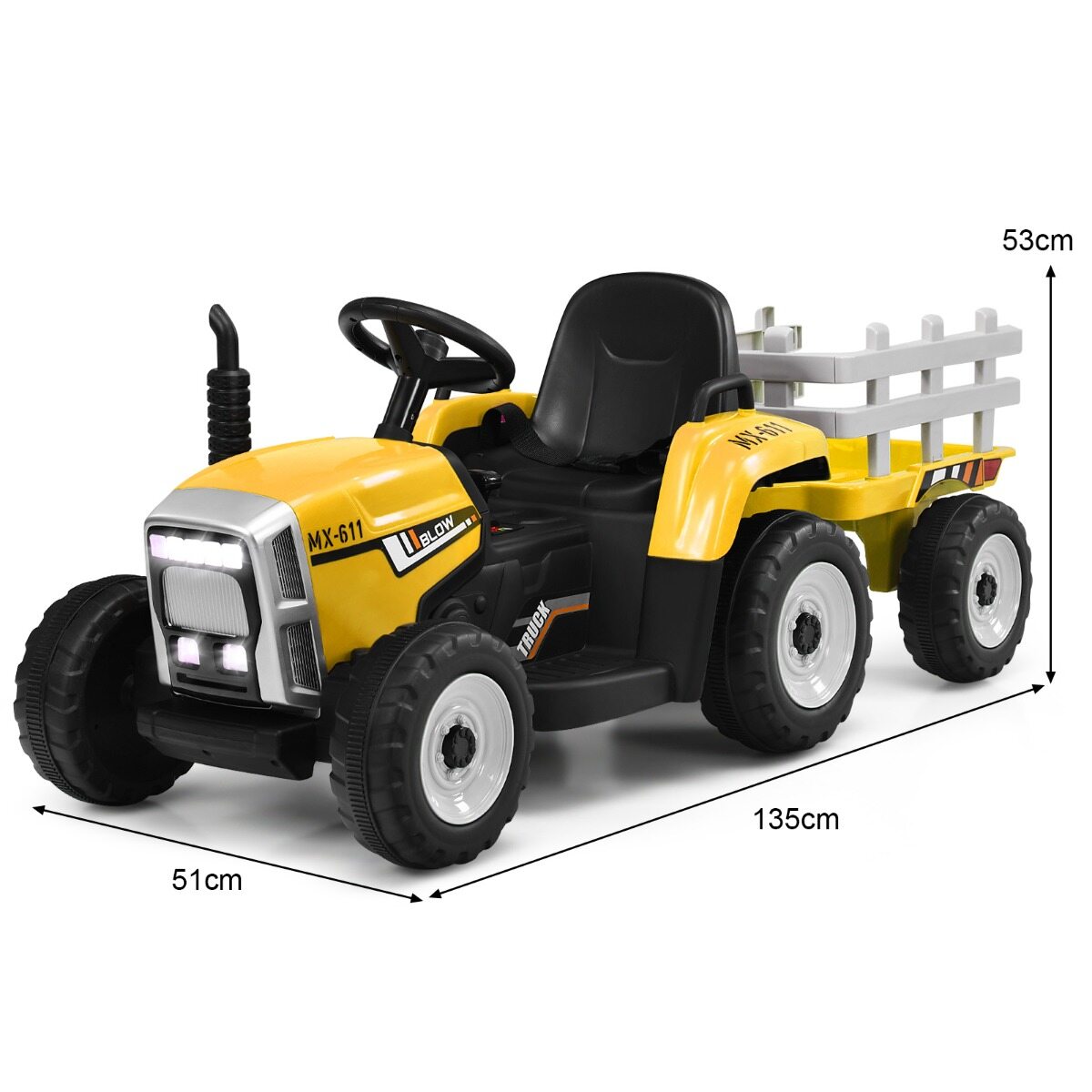 12 V laste traktor haagisega, akutoitega elektriauto, kollane, 136,5 × 50 × 52,5 cm