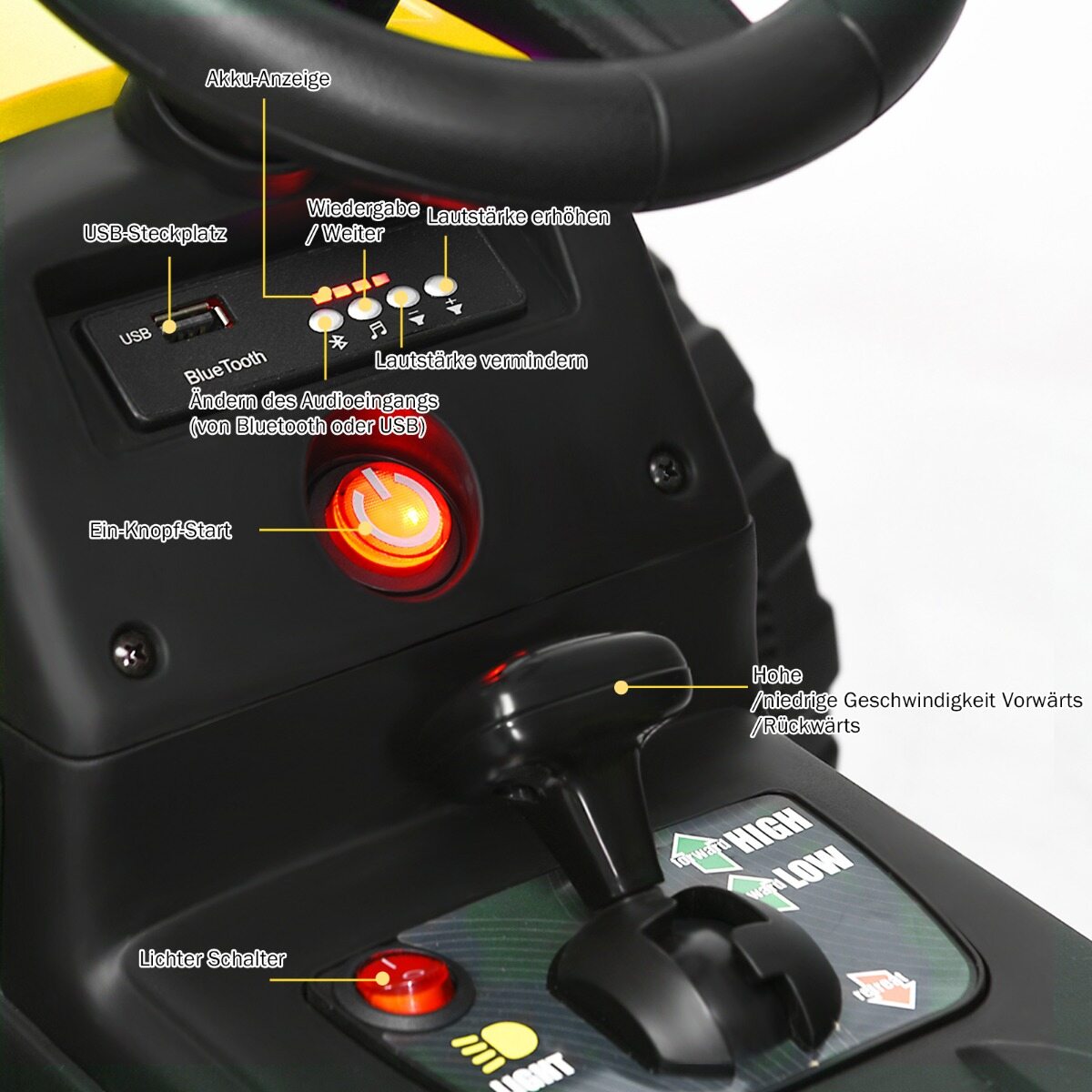 12 V laste traktor haagisega, akutoitega elektriauto, kollane, 136,5 × 50 × 52,5 cm
