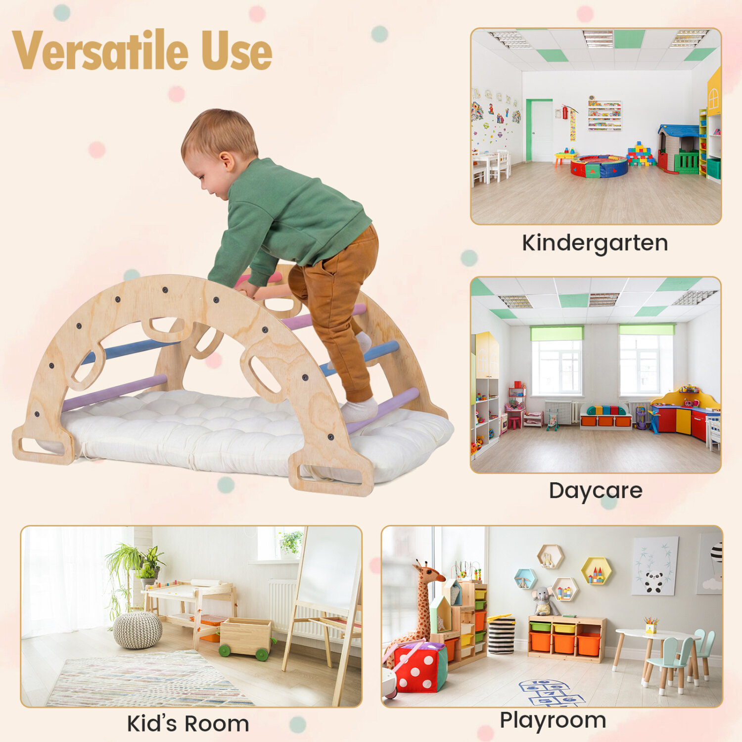 Puidust kiikuv ronimiskaar patjadega 3-ühes Montessori lastele, mitmevärviline