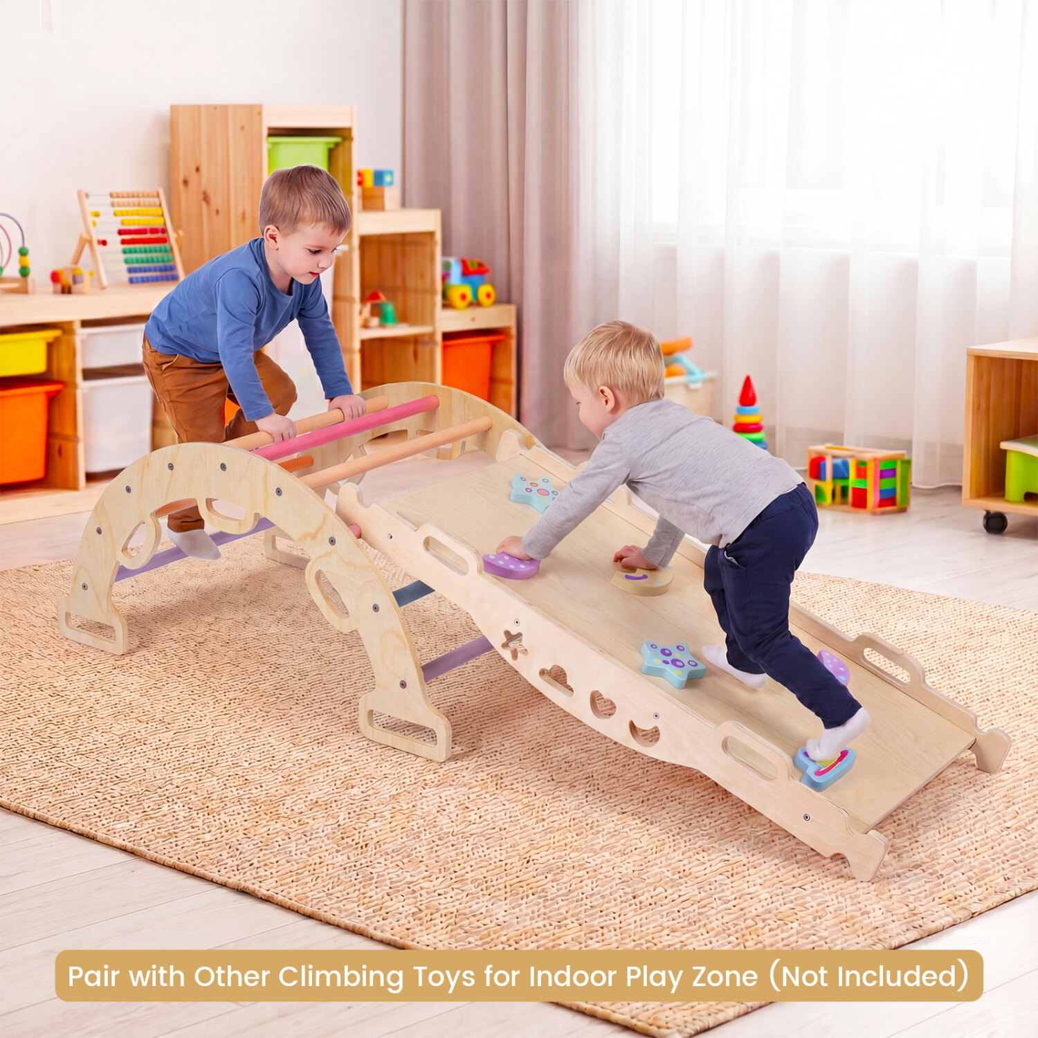 Puidust kiikuv ronimiskaar patjadega 3-ühes Montessori lastele, mitmevärviline