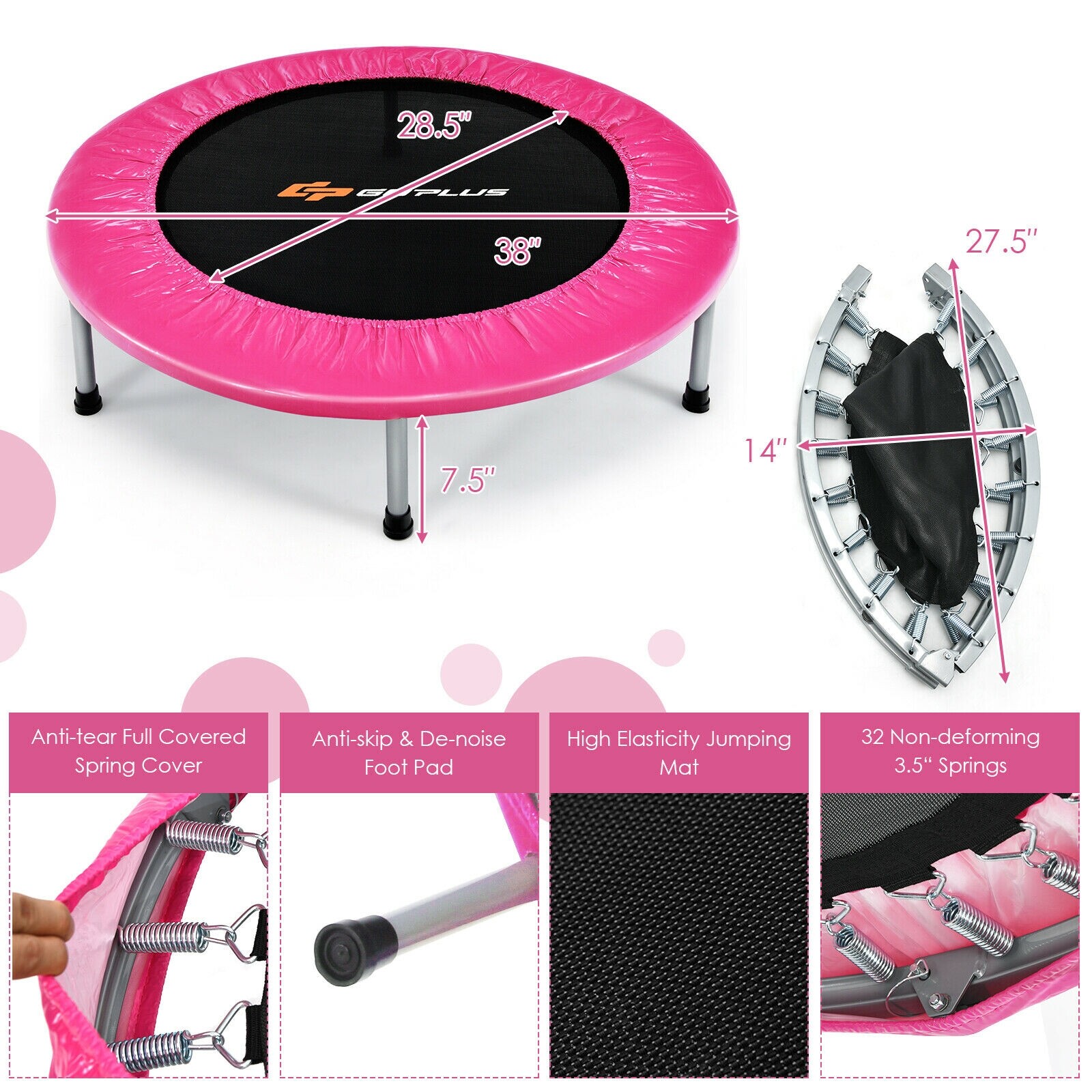38″ Kokkupandav Mini Trampoliin Roosa