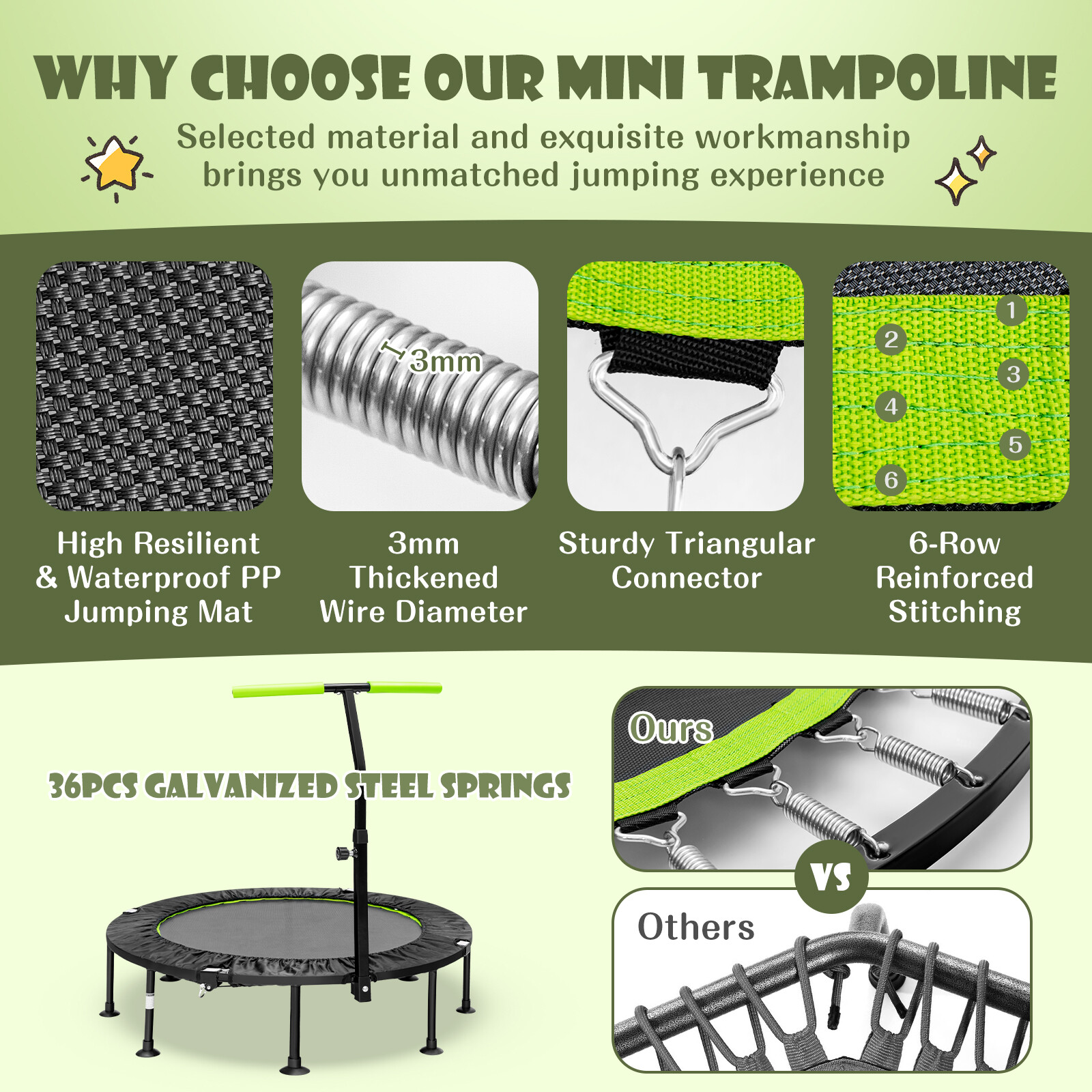 110 cm mini-trampoliin käsipuuga-roheline