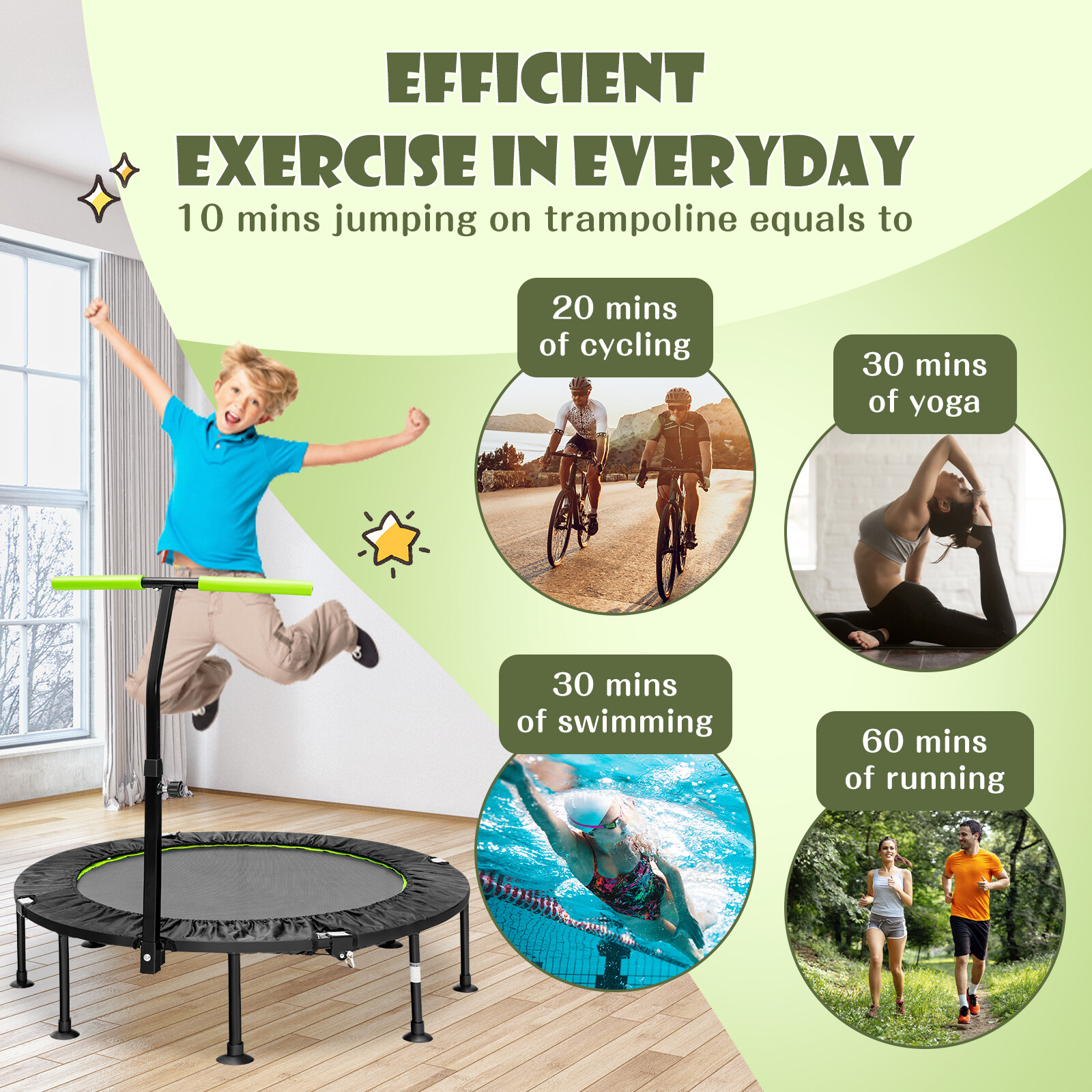110 cm mini-trampoliin käsipuuga-roheline