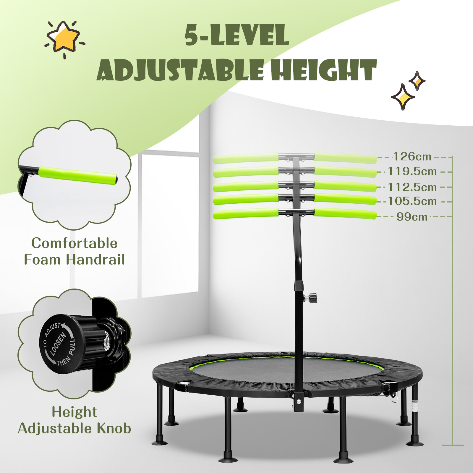 110 cm mini-trampoliin käsipuuga-roheline