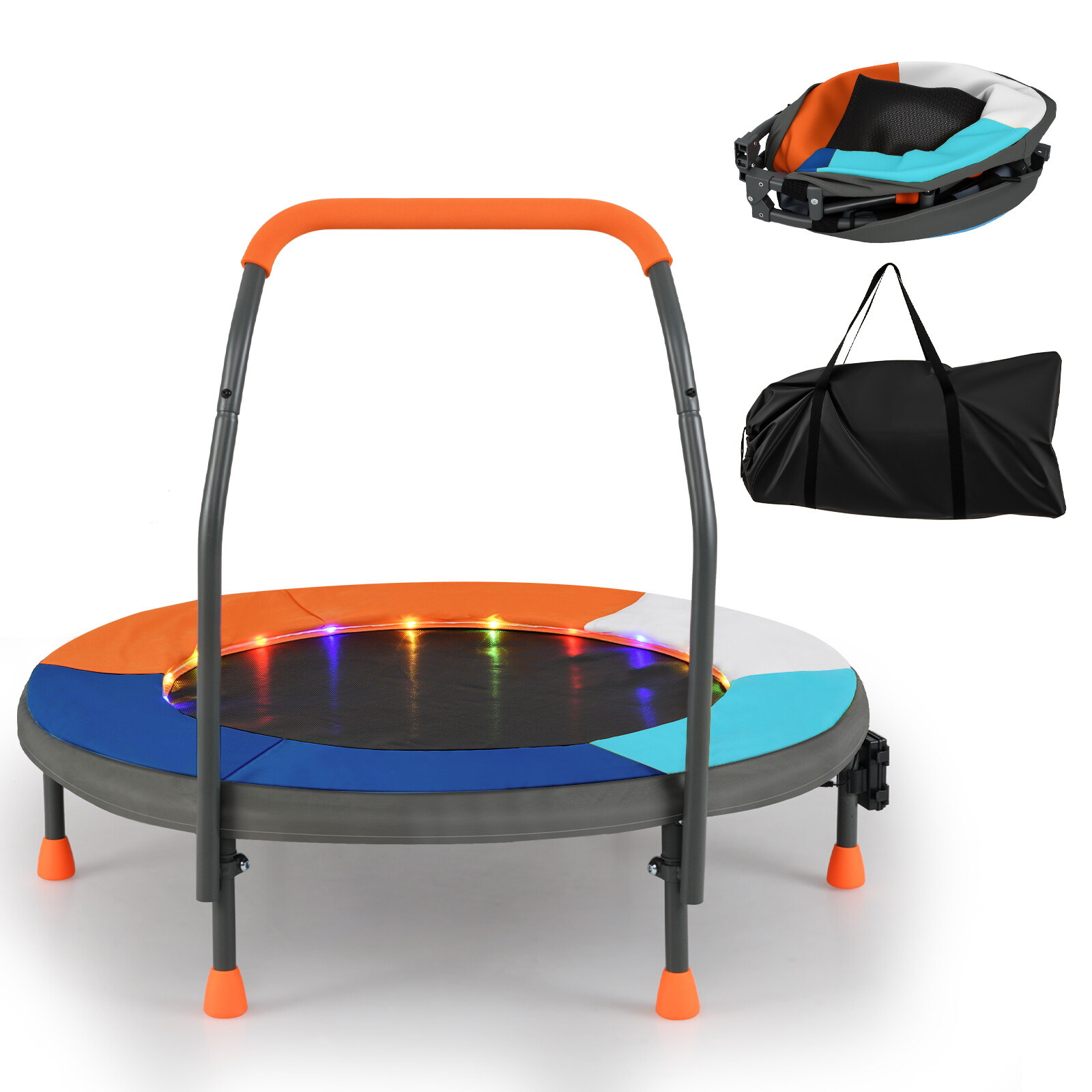 Ø90 cm laste minitrampoliin LED-valgustusega, käsipuu ja kandekotiga, tumesinine