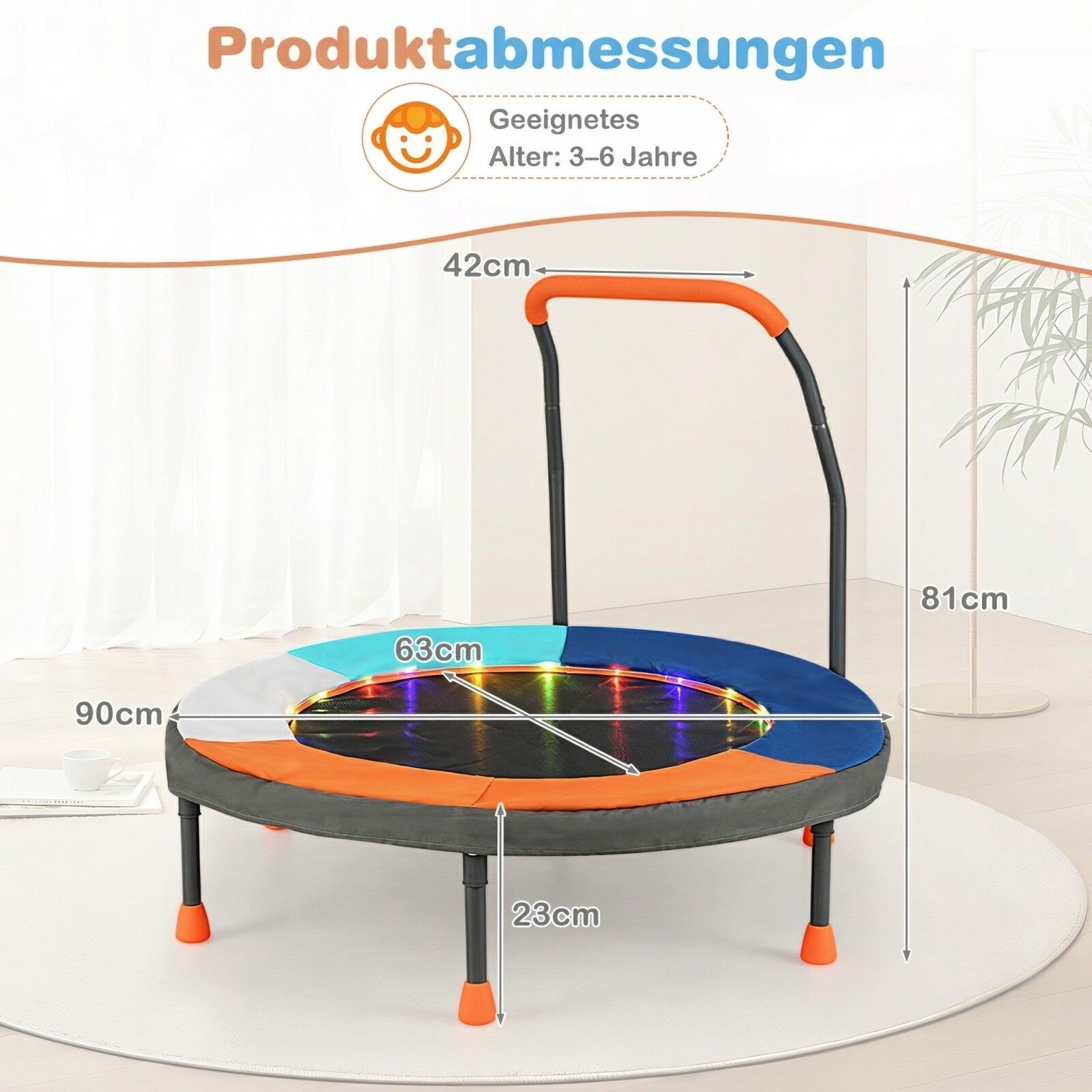 Ø90 cm laste minitrampoliin LED-valgustusega, käsipuu ja kandekotiga, tumesinine