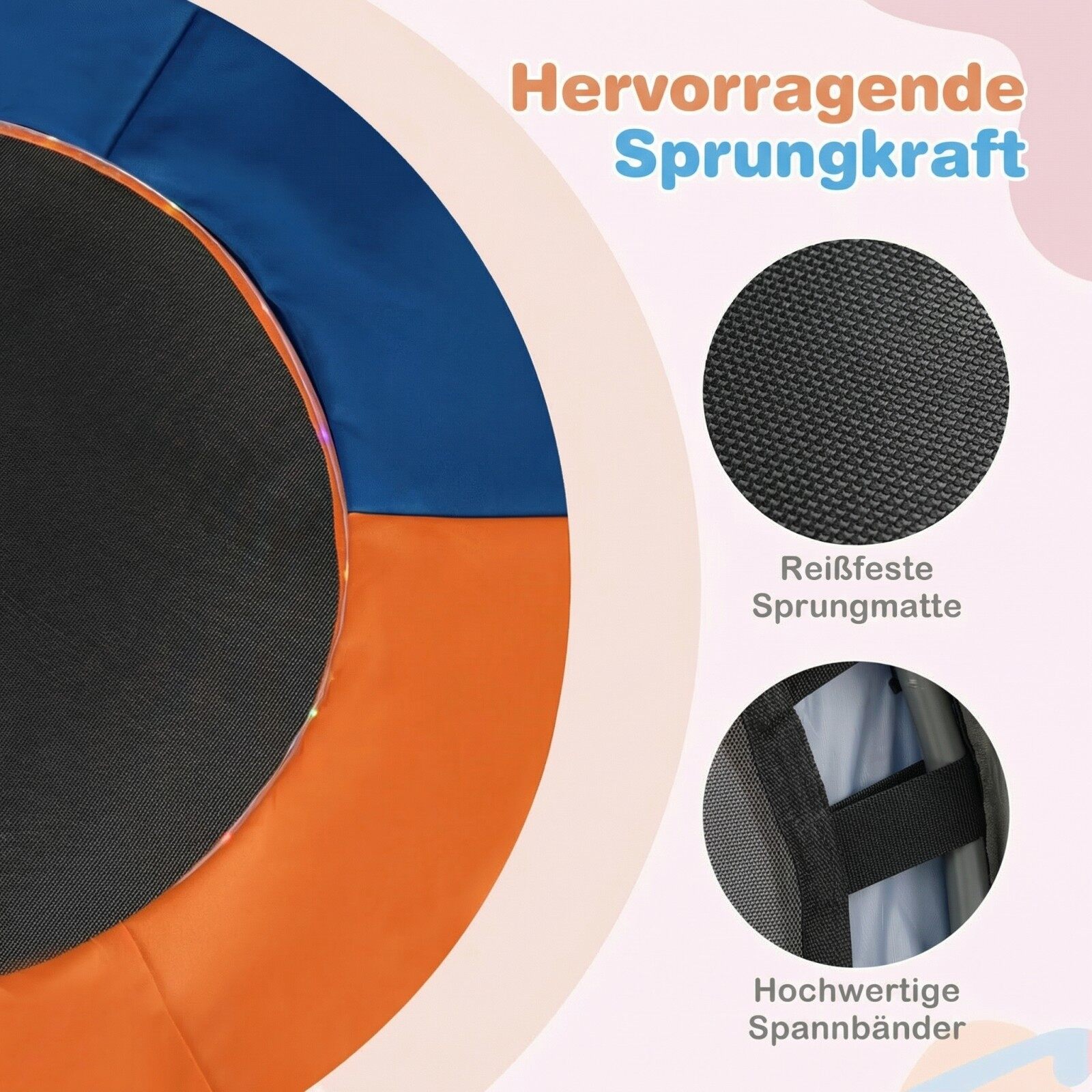 Ø90 cm laste minitrampoliin LED-valgustusega, käsipuu ja kandekotiga, tumesinine