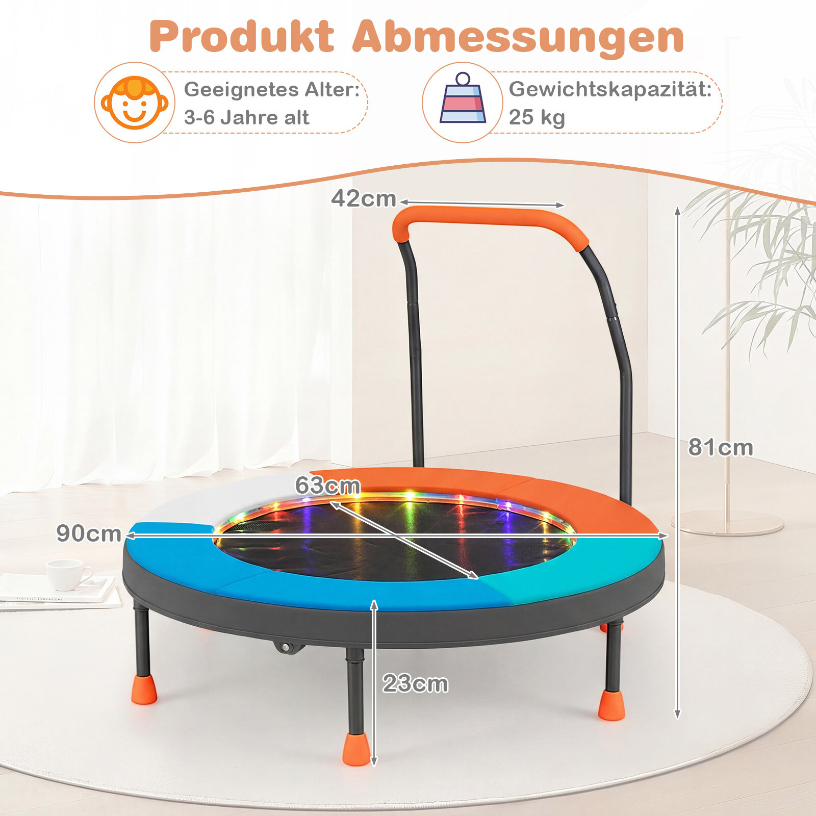 Ø90 cm laste minitrampoliin LED-valgustusega, käsipuu ja kandekotiga, helesinine
