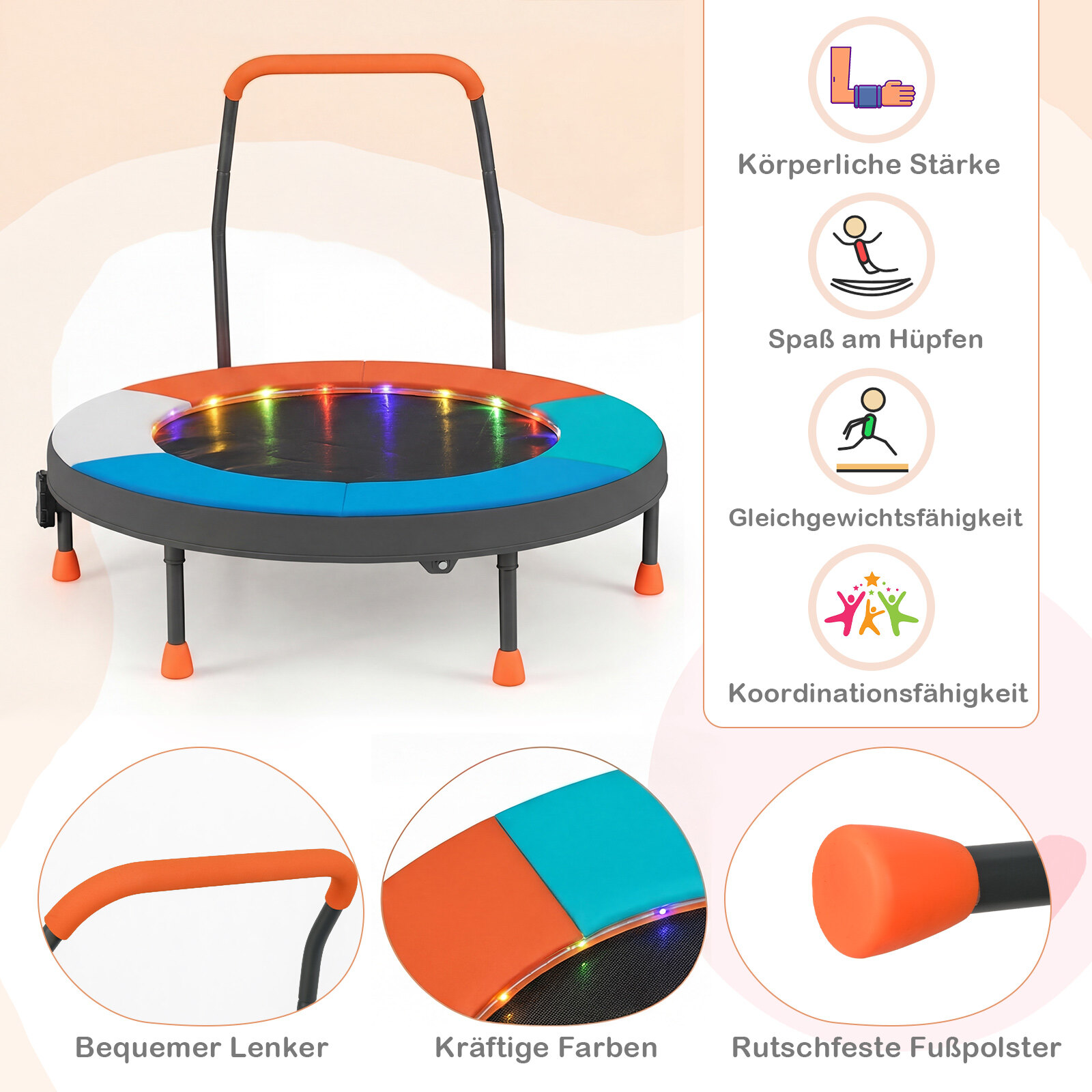 Ø90 cm laste minitrampoliin LED-valgustusega, käsipuu ja kandekotiga, helesinine