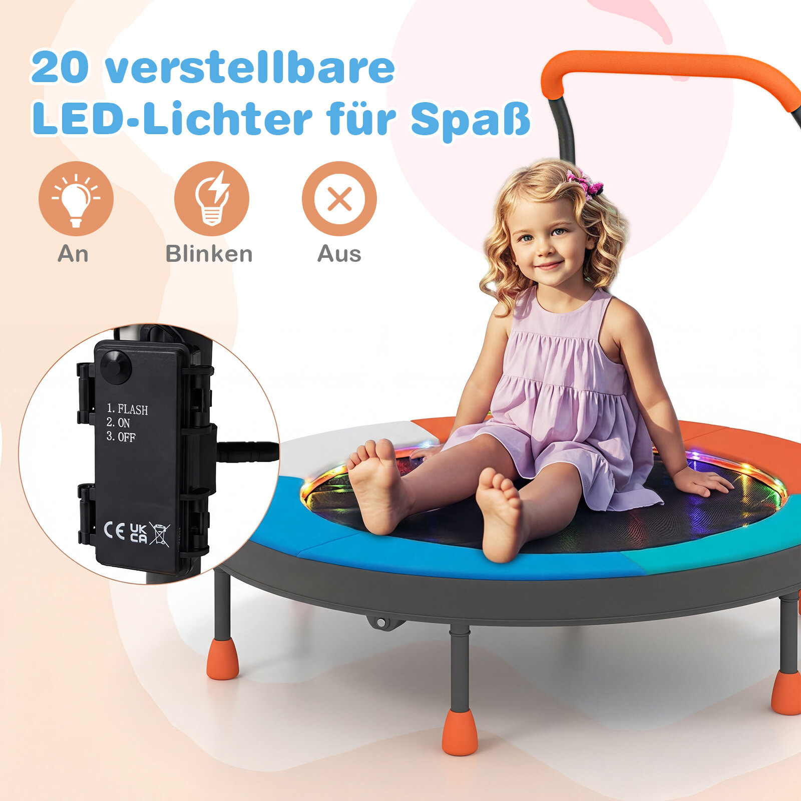 Ø90 cm laste minitrampoliin LED-valgustusega, käsipuu ja kandekotiga, helesinine