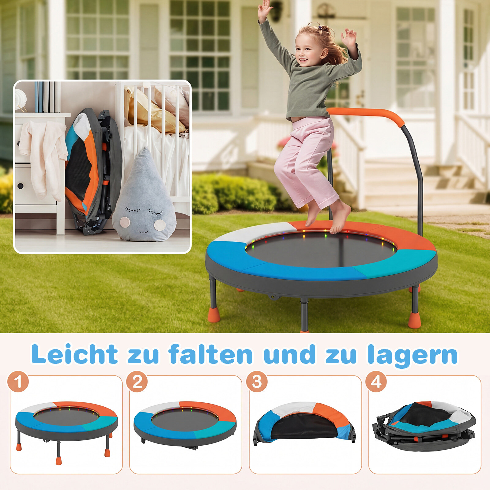 Ø90 cm laste minitrampoliin LED-valgustusega, käsipuu ja kandekotiga, helesinine