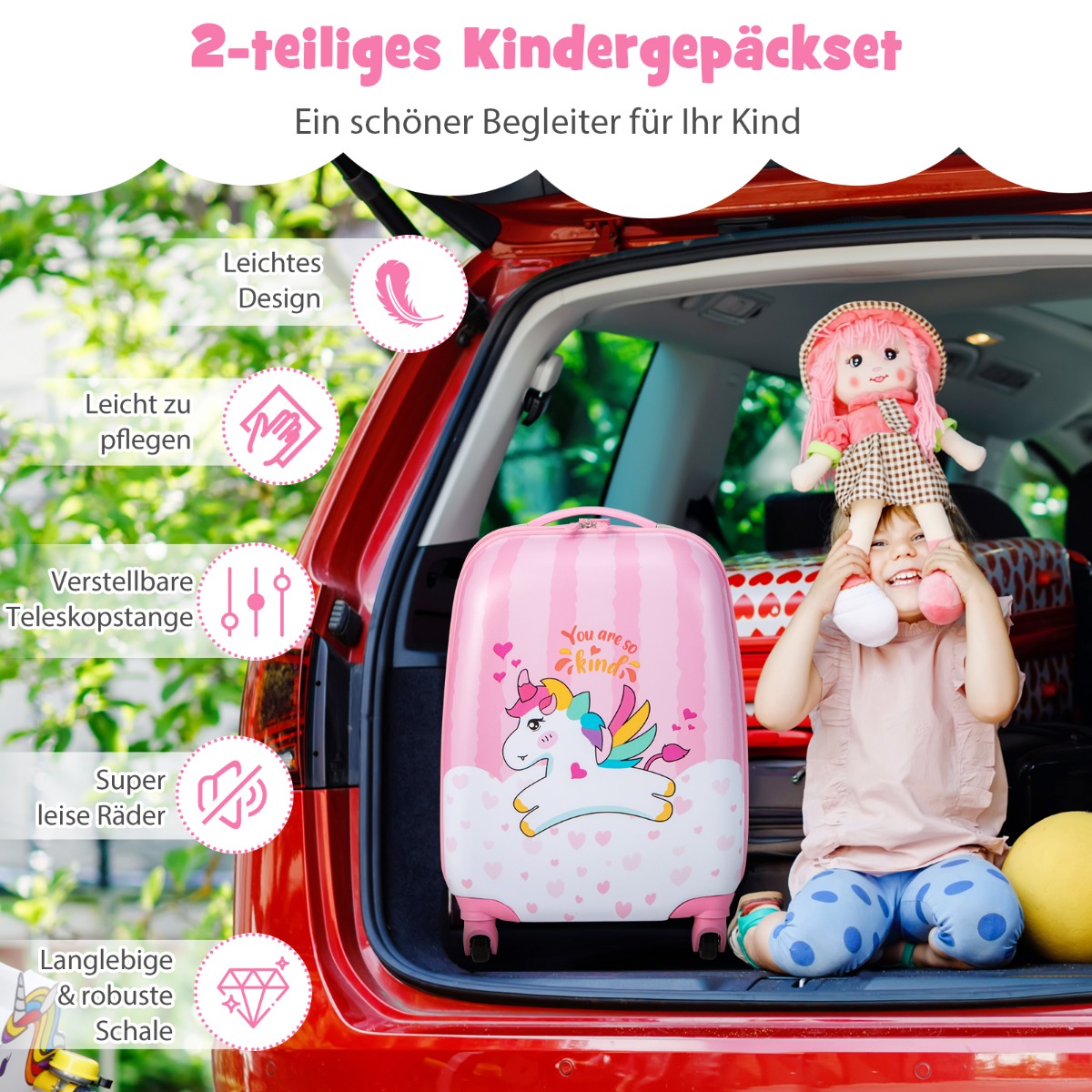 2 dalių vaikiškų lagaminų rinkinys vienaragis 16'' lagaminas + 12'' kuprinė rožinė - Image 7