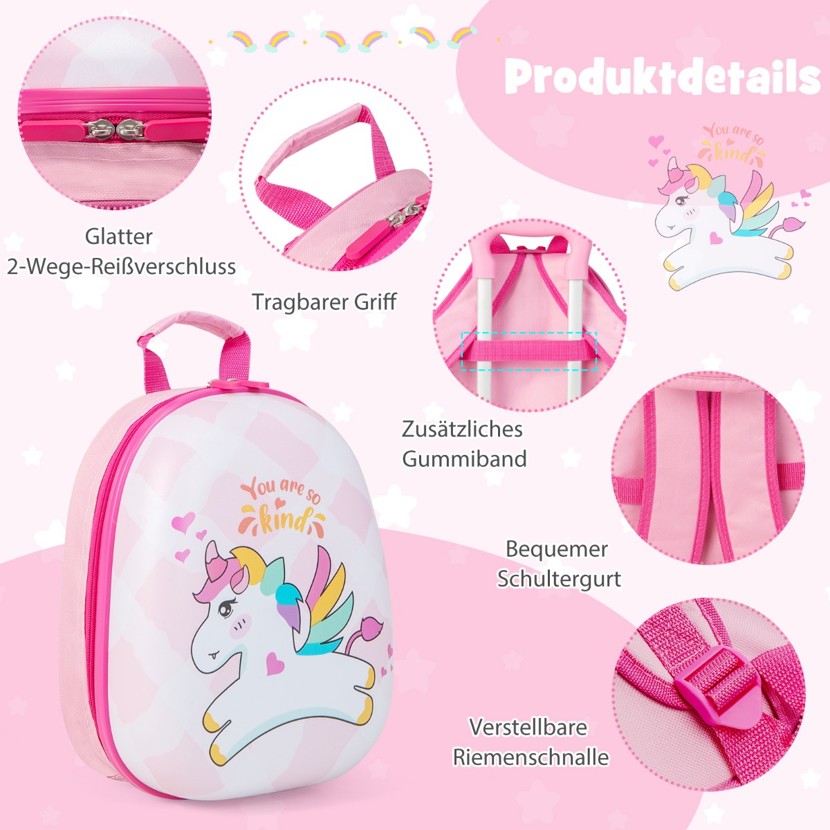 2 dalių vaikiškų lagaminų rinkinys vienaragis 16'' lagaminas + 12'' kuprinė rožinė - Image 6