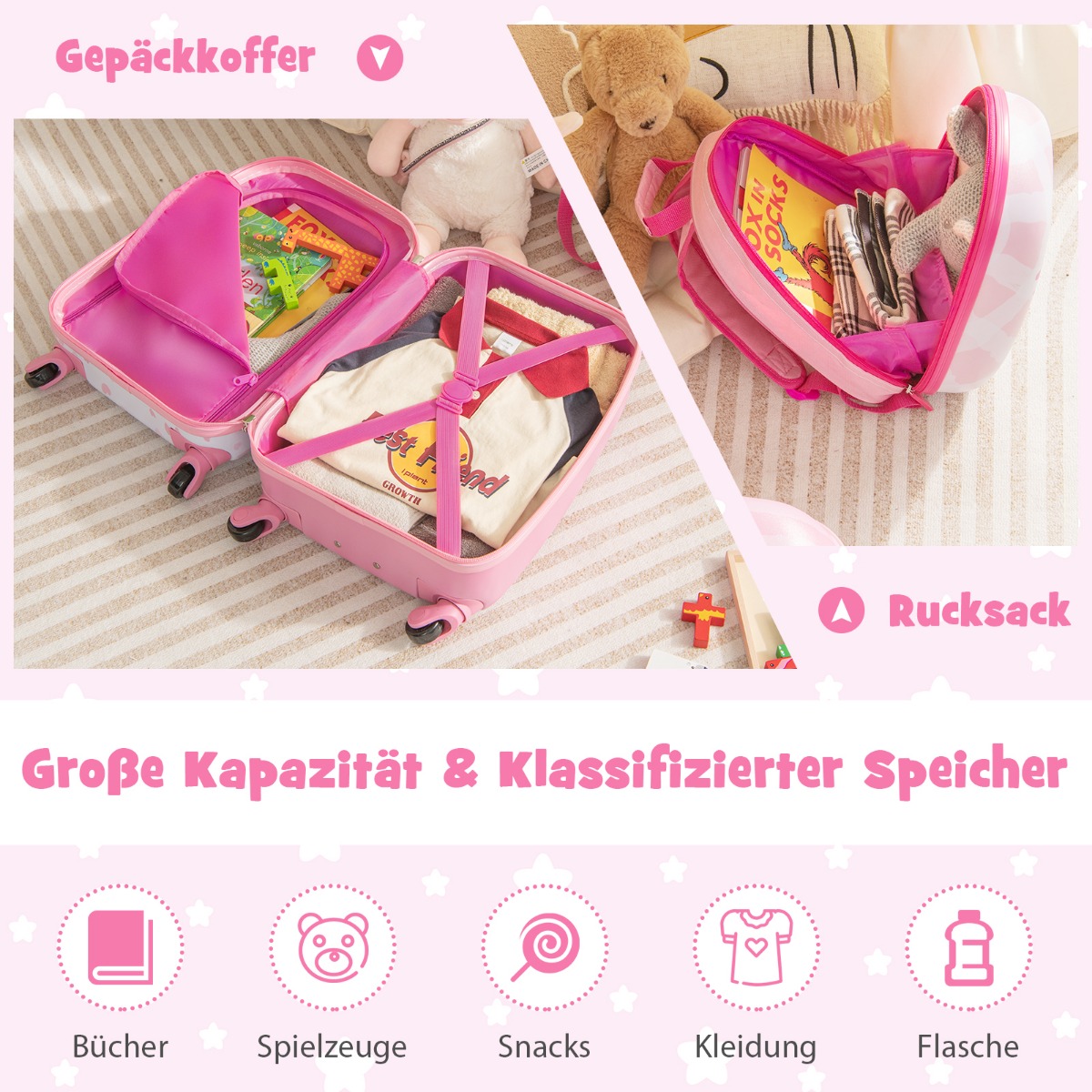 2 dalių vaikiškų lagaminų rinkinys vienaragis 16'' lagaminas + 12'' kuprinė rožinė - Image 4