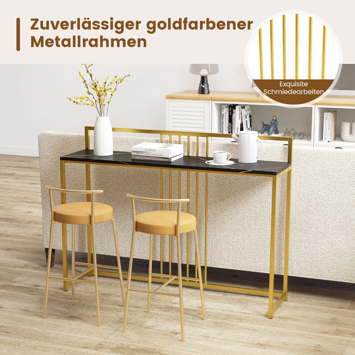 Konsoles galds 120 cm ar baffle virsmu, melns ar zelta rāmi - Image 2
