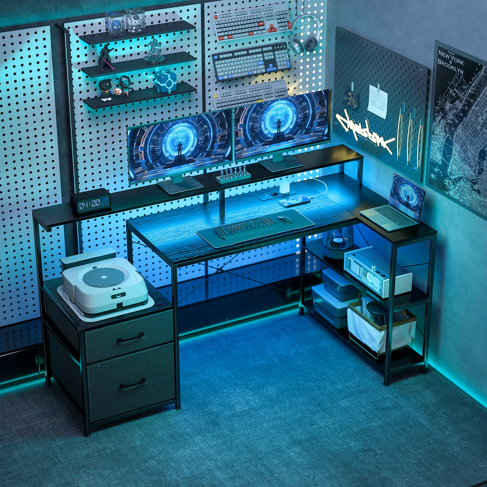 L formos žaidimų stalas su LED ir kištukiniais lizdais, 165 x 80 x 91,5 cm, juodos medienos optika - Image 2