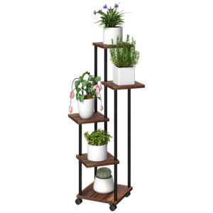 5 tasandiga lillealus, 59 x 59 x 110 cm, söestunud ja must, teras, kuusepuit