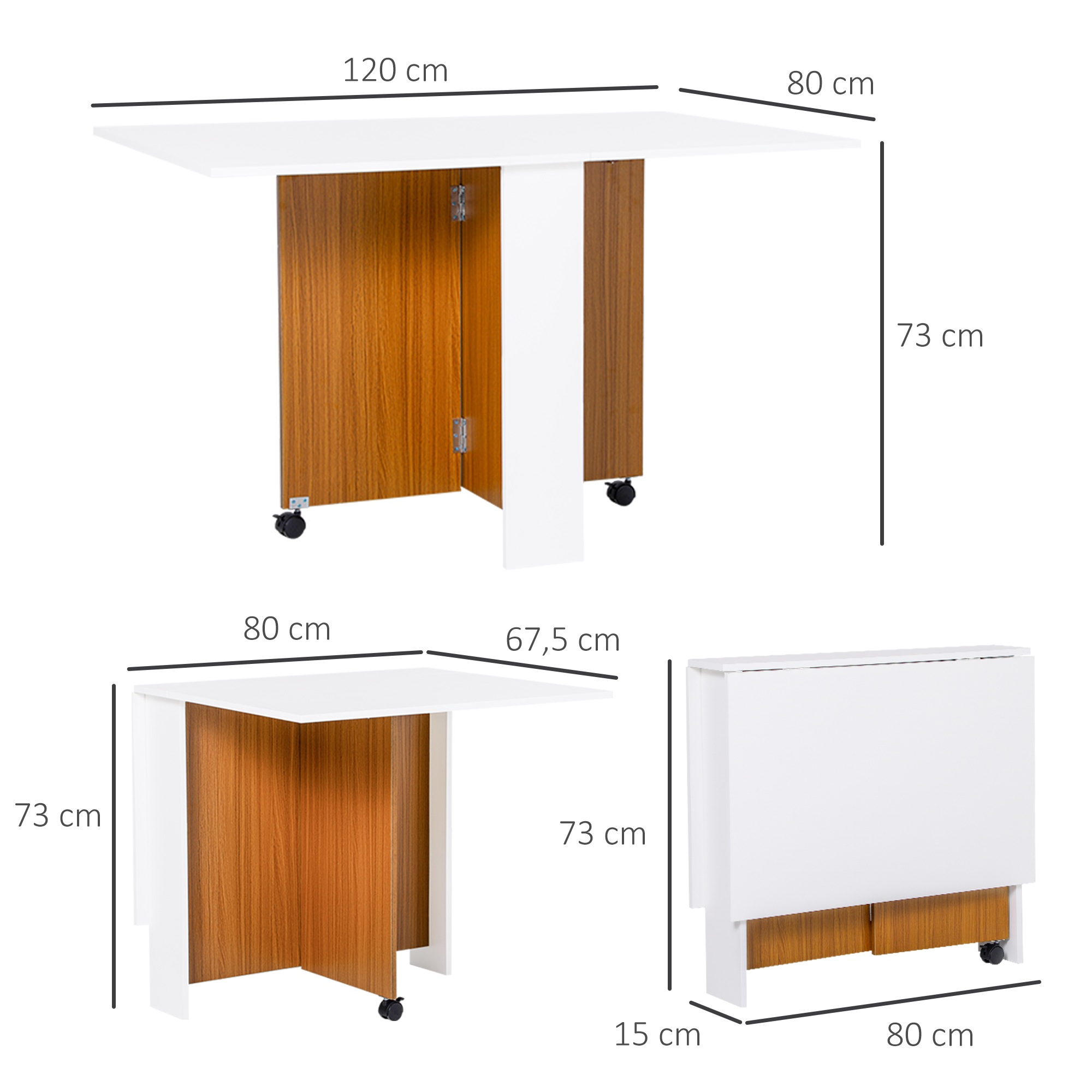 Izvelkams ēdamgalds ar ritentiņiem, teak un balts, 120 x 80 x 73 cm - Image 3