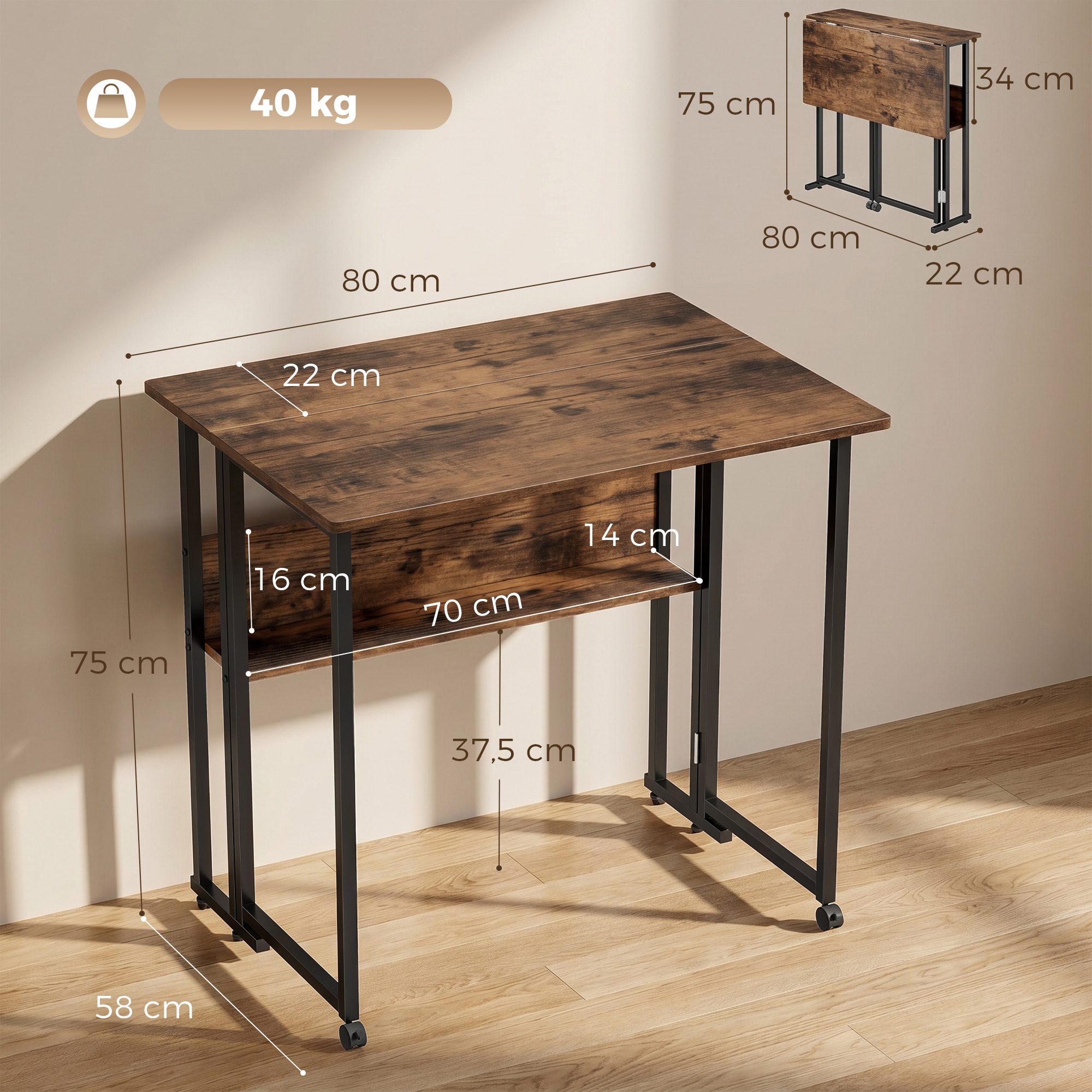 Kokoontaittuva kirjoituspöytä hyllyllä, 80 cm, rustiikkinen ruskea, musta - Image 3