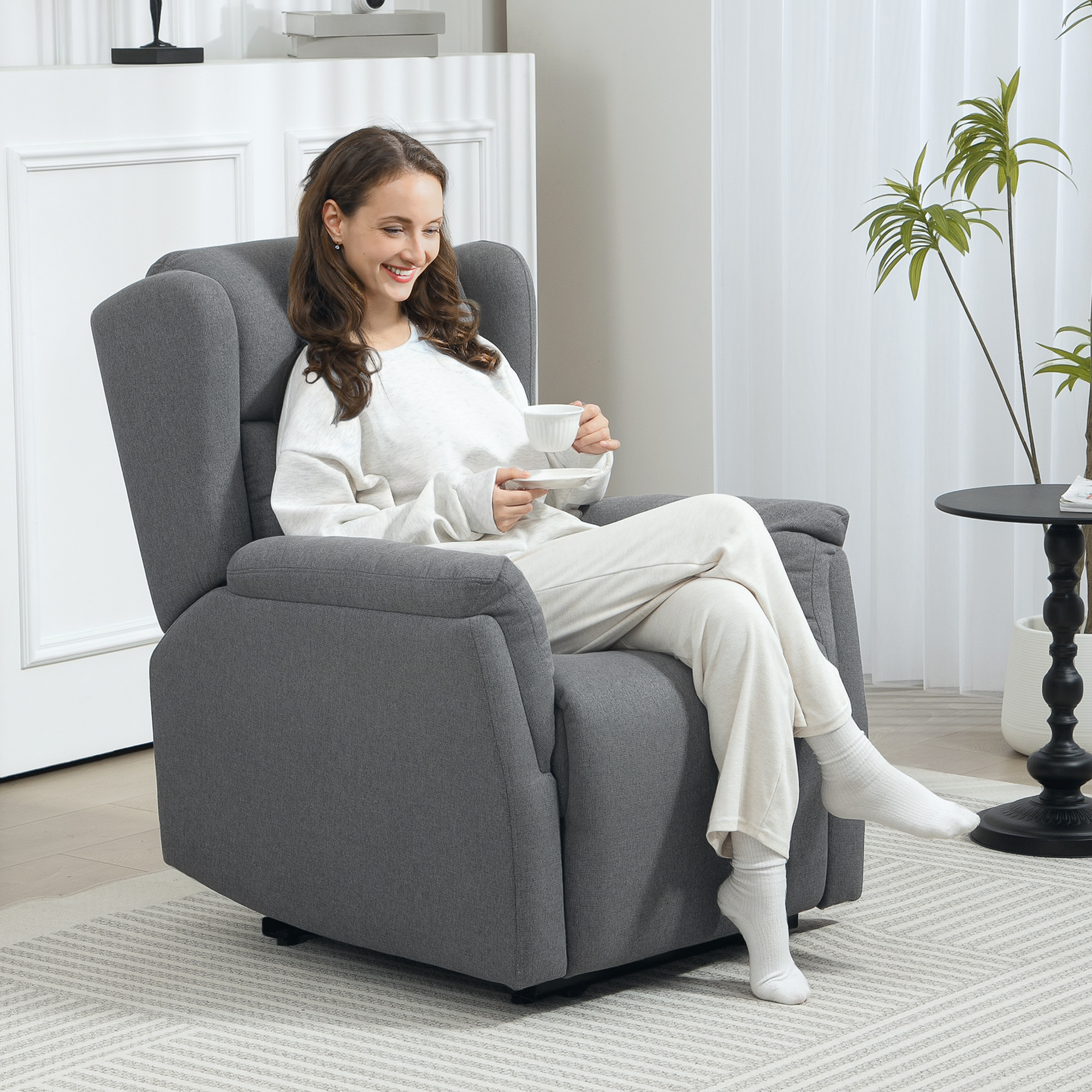 Relaxsessel, regulējams polsterēts atpūtas krēsls ar kāju balstu, noliecams līdz 160°, tumši pelēks, 80 x 94 x 101 cm - Image 2