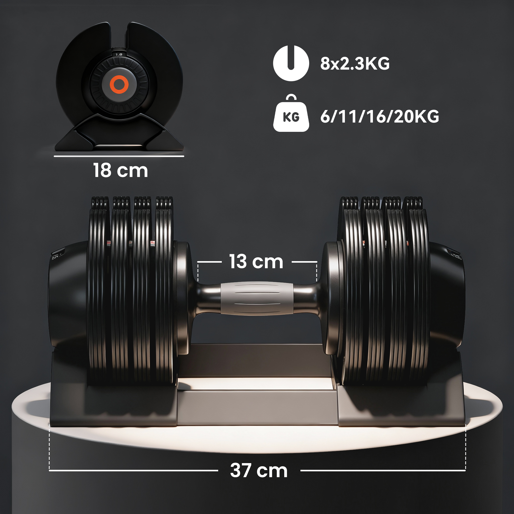 Säädettävä käsipaino, 6-20 kg, musta, säilytystelineellä - Image 3