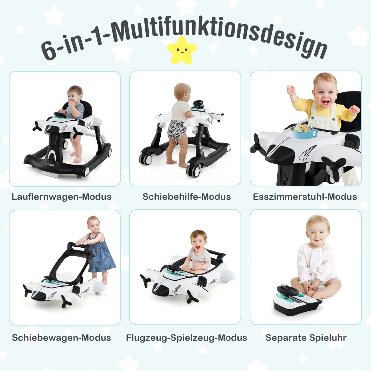 6-in-1 Vauvakävelyke Säädettävä Korkeus ja Nopeus Valkoinen - Image 3