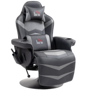 Masāžas gaming krēsls ar atgāžamu atzveltni un kāju balstu, pelēks, līdz 120 kg