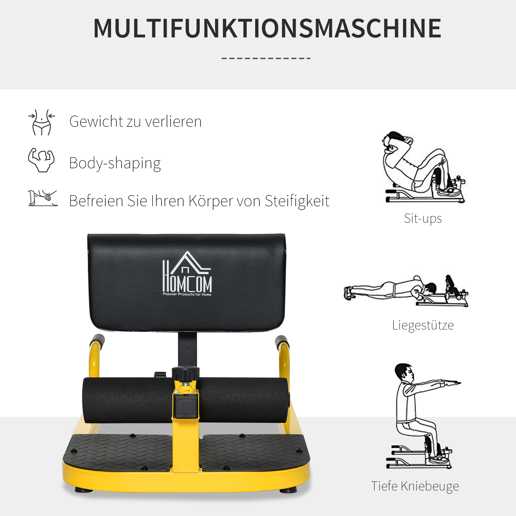Sissy squat -harjoittelulaite 3 in 1, keltainen ja musta, teräs, 50 x 97 x 44,5-56,5 cm, enintään 120 kg - Image 7