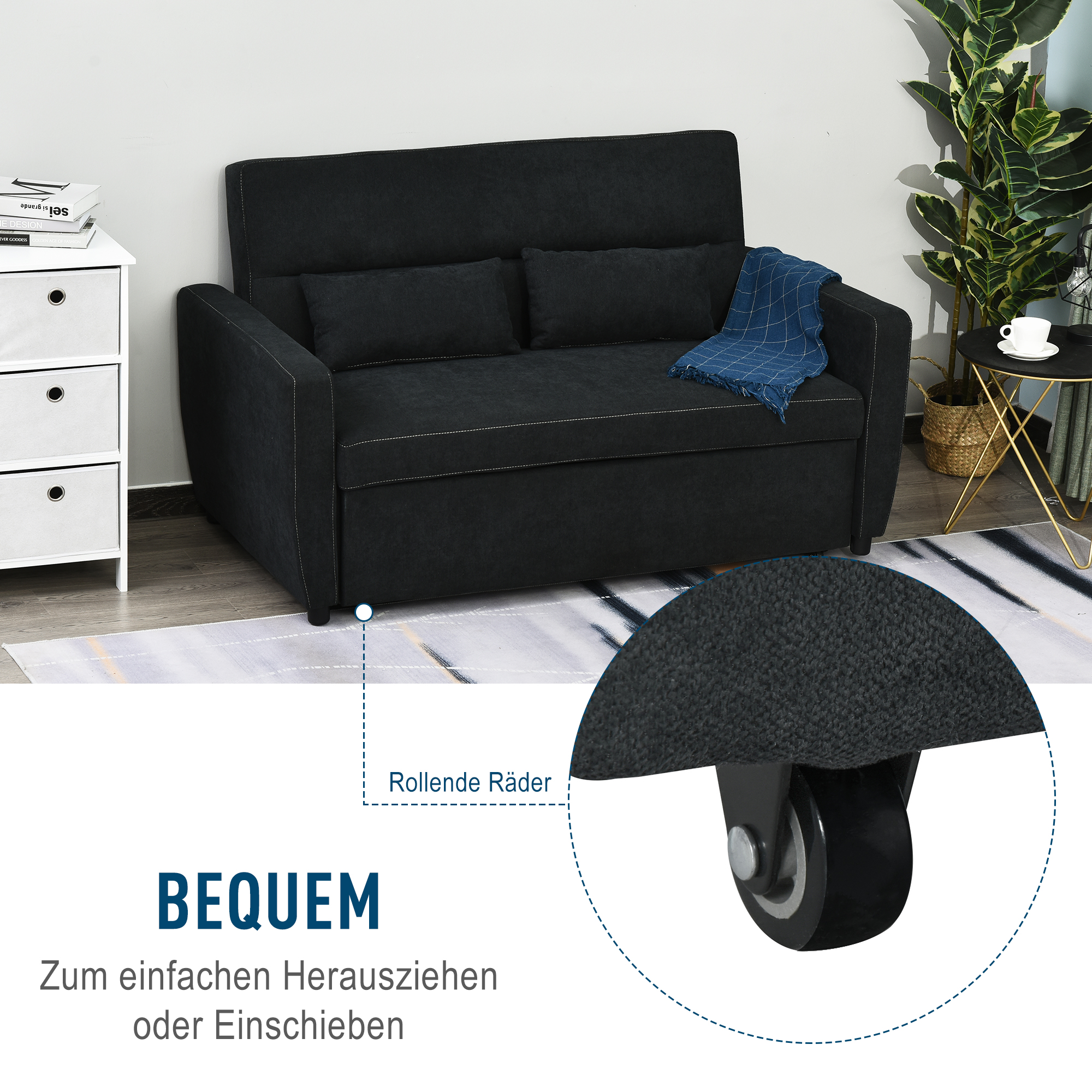 2 vietų sofa-lova su reguliuojamu atlošu, juoda, 155 x 90 x 88,5 cm - Image 4